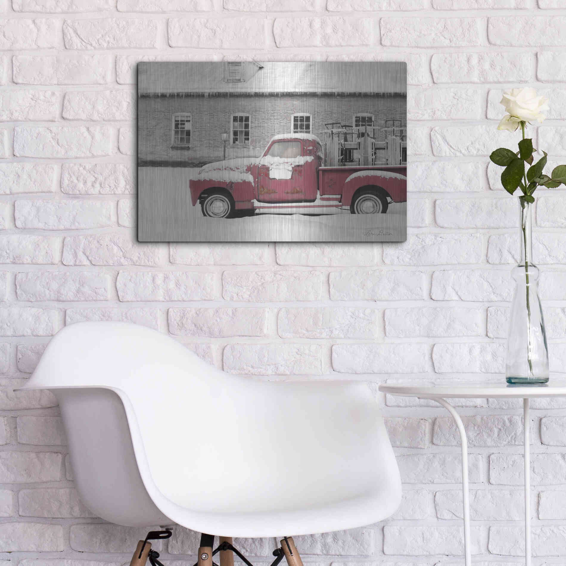 Luxe Metal Art 'Old Sled Works Red Truck' by Lori Deiter, Metal Wall Art,24x16