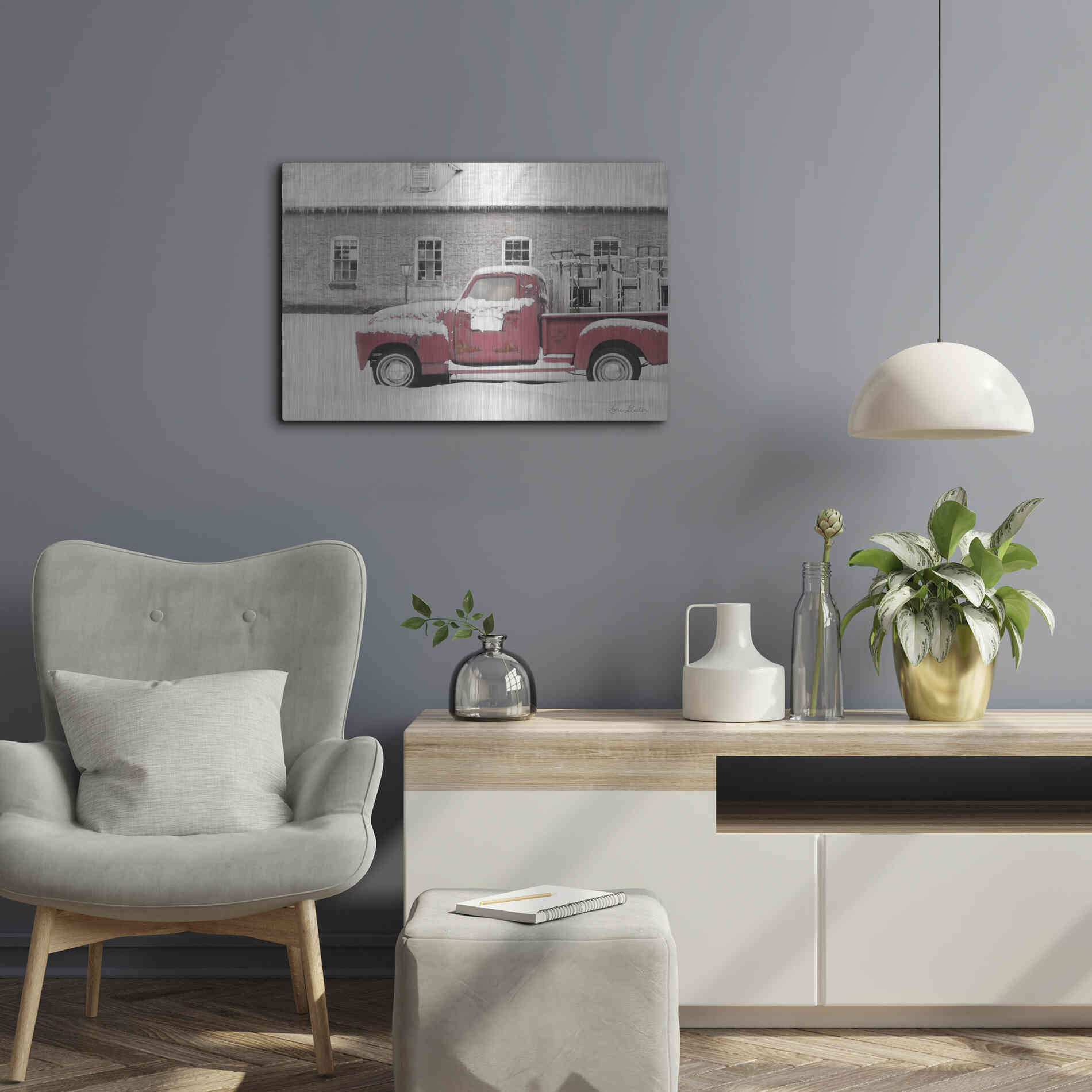 Luxe Metal Art 'Old Sled Works Red Truck' by Lori Deiter, Metal Wall Art,24x16