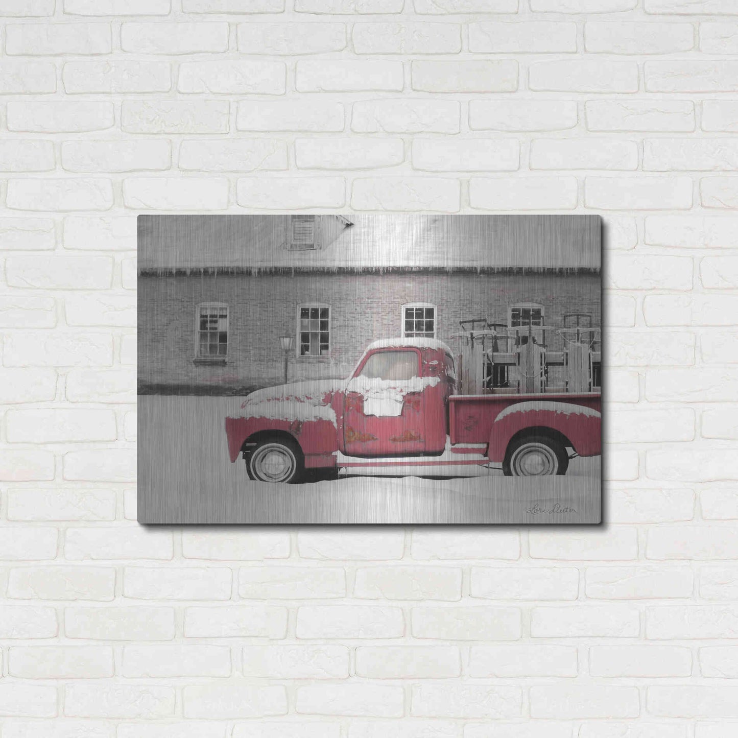 Luxe Metal Art 'Old Sled Works Red Truck' by Lori Deiter, Metal Wall Art,36x24