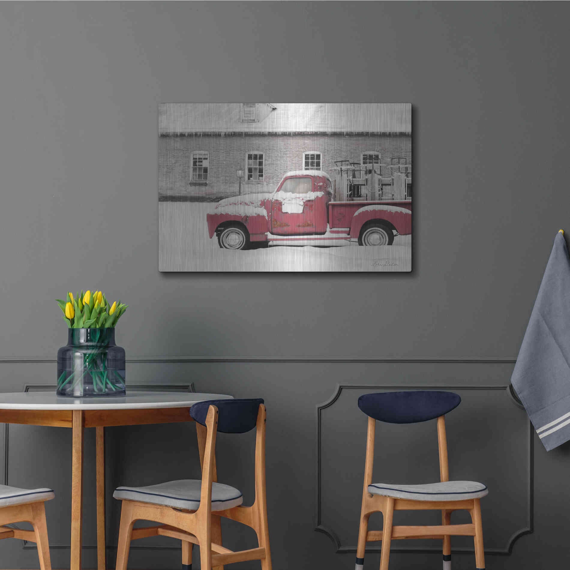Luxe Metal Art 'Old Sled Works Red Truck' by Lori Deiter, Metal Wall Art,36x24