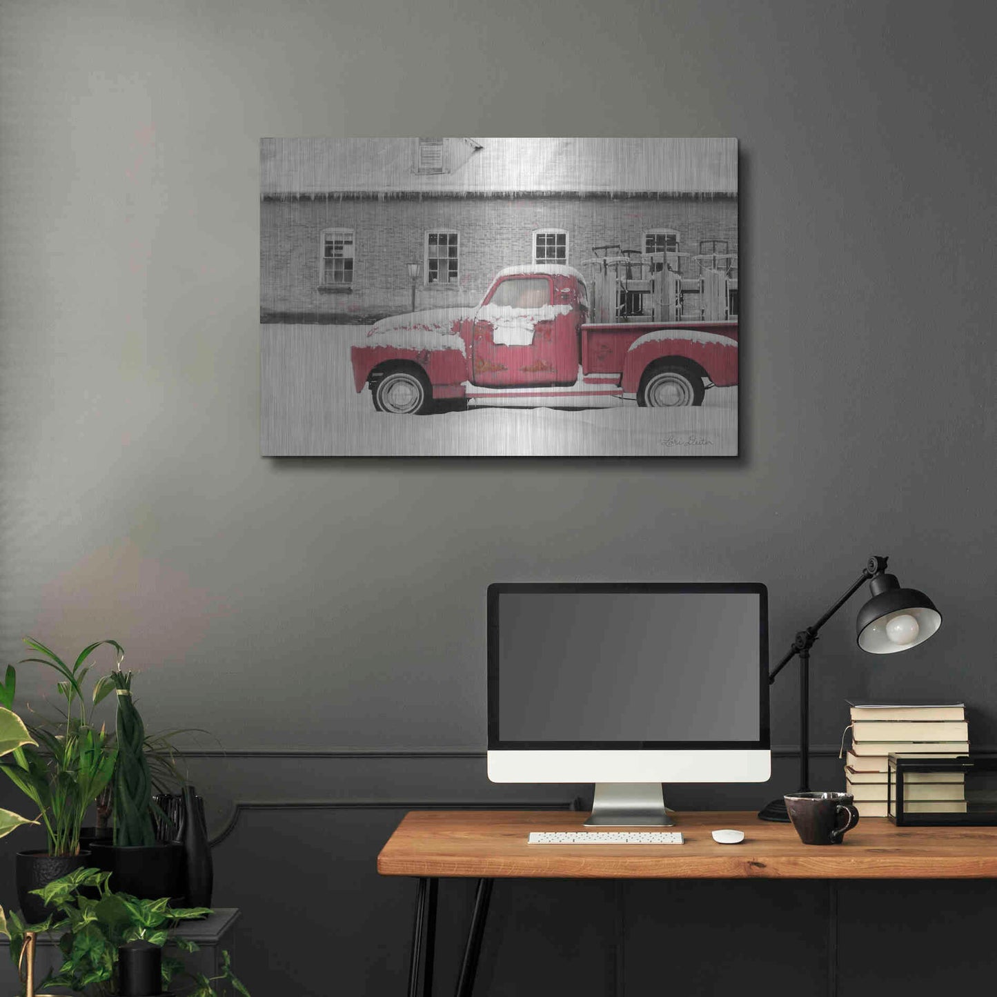 Luxe Metal Art 'Old Sled Works Red Truck' by Lori Deiter, Metal Wall Art,36x24