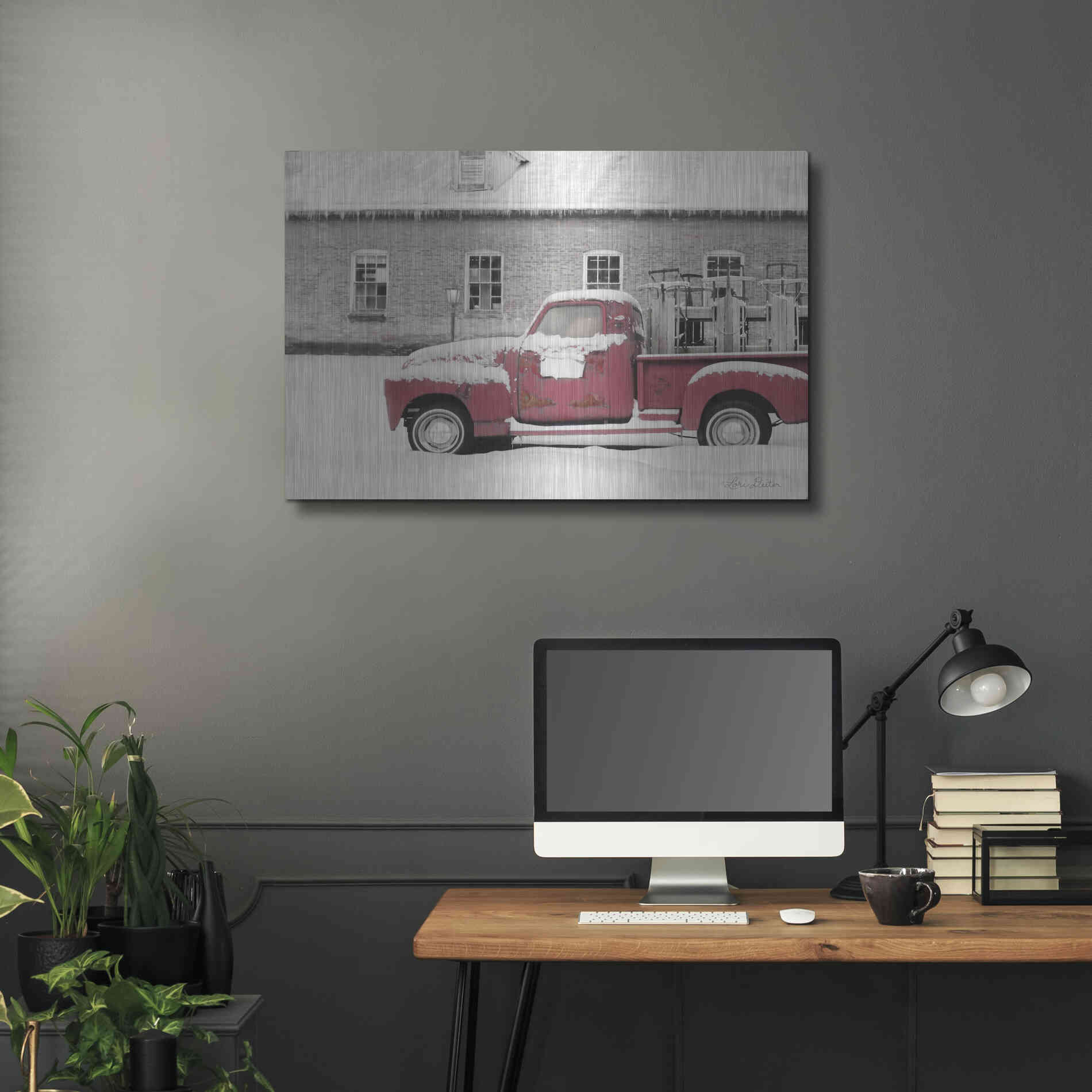 Luxe Metal Art 'Old Sled Works Red Truck' by Lori Deiter, Metal Wall Art,36x24