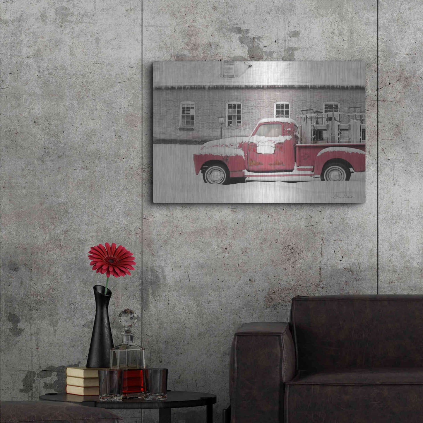 Luxe Metal Art 'Old Sled Works Red Truck' by Lori Deiter, Metal Wall Art,36x24