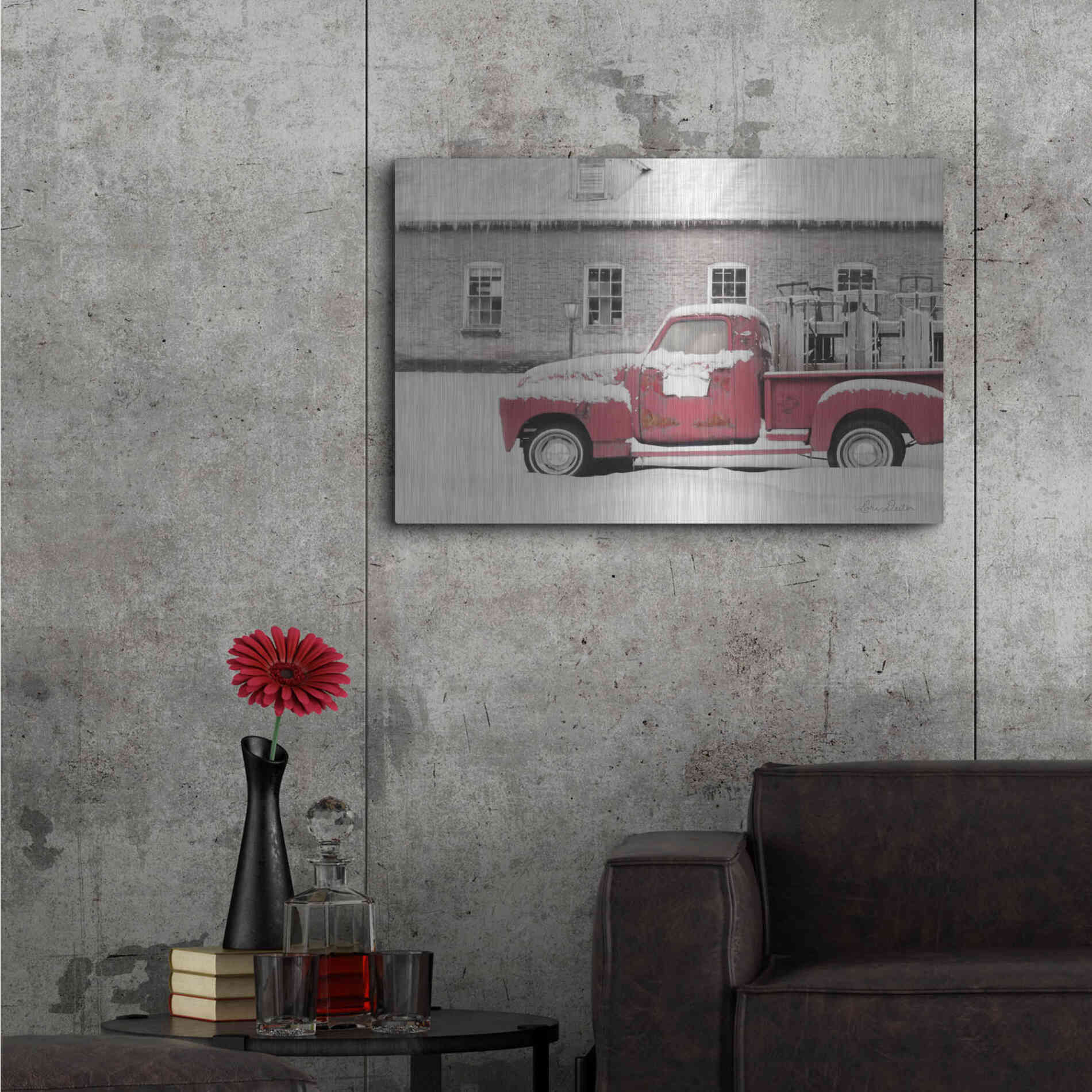Luxe Metal Art 'Old Sled Works Red Truck' by Lori Deiter, Metal Wall Art,36x24