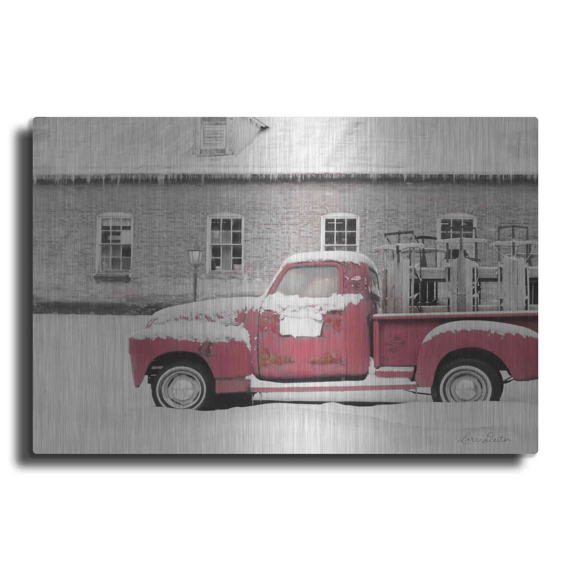 Luxe Metal Art 'Old Sled Works Red Truck' by Lori Deiter, Metal Wall Art