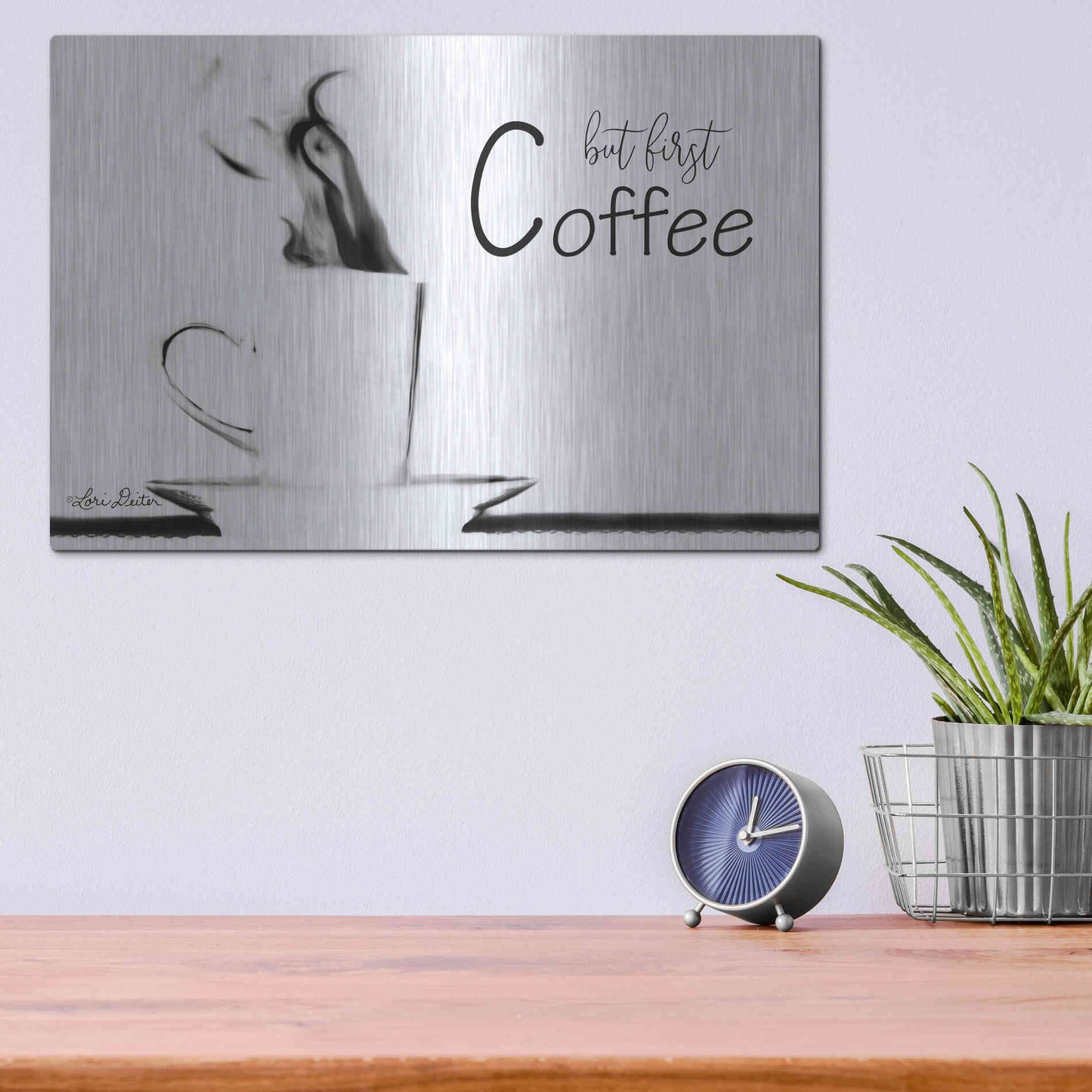 Luxe Metal Art 'But First Coffee II' by Lori Deiter, Metal Wall Art,16x12