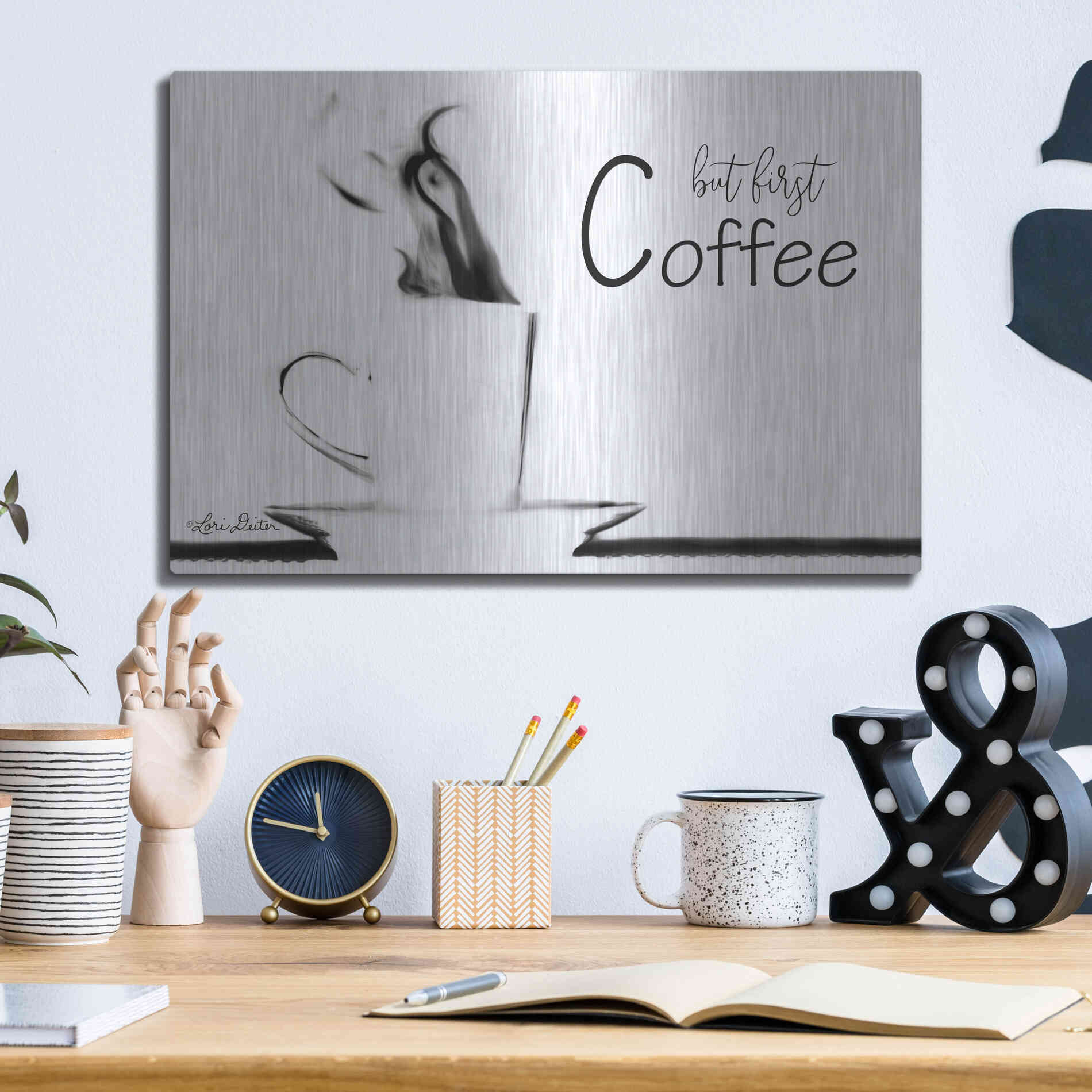 Luxe Metal Art 'But First Coffee II' by Lori Deiter, Metal Wall Art,16x12
