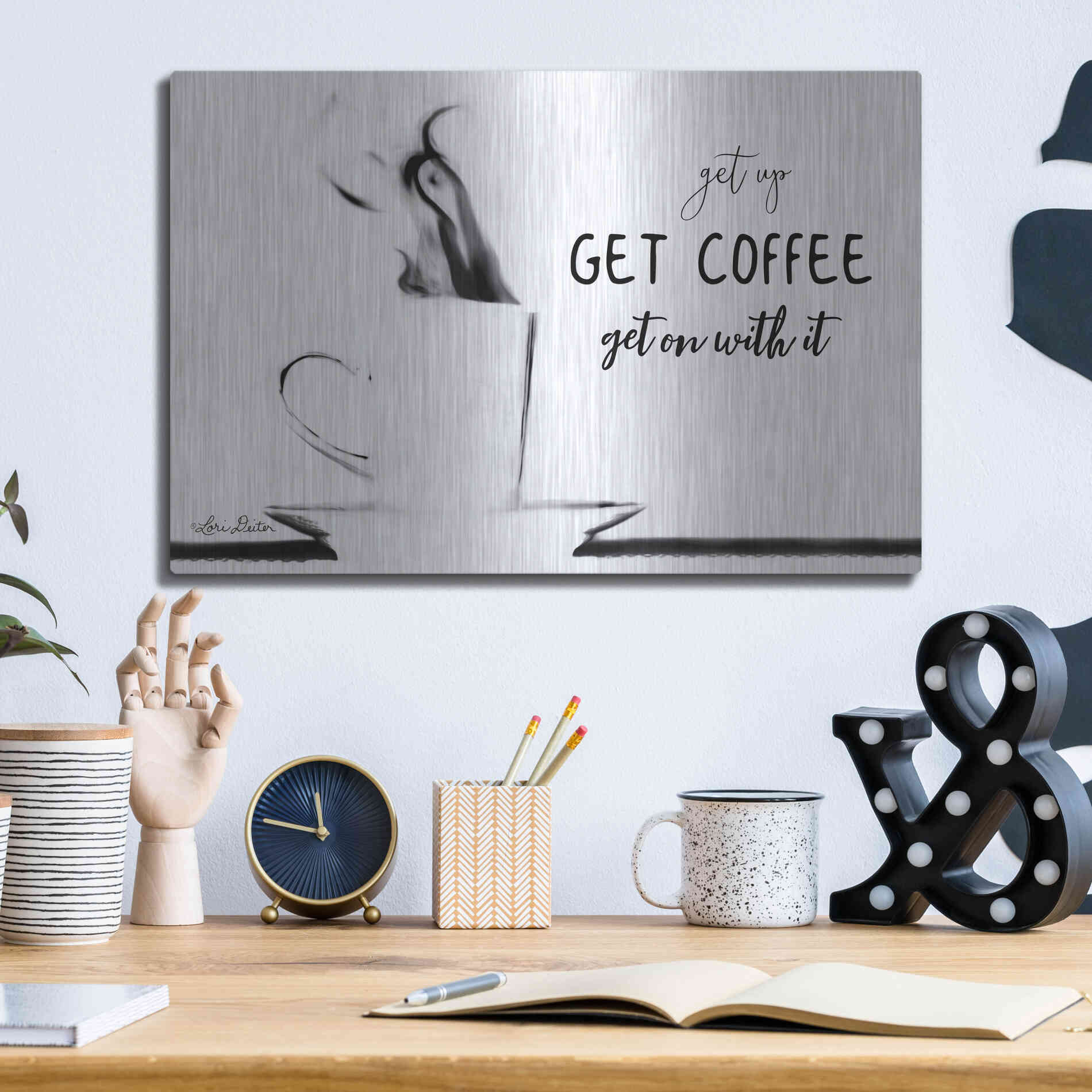 Luxe Metal Art 'Get Coffee' by Lori Deiter, Metal Wall Art,16x12