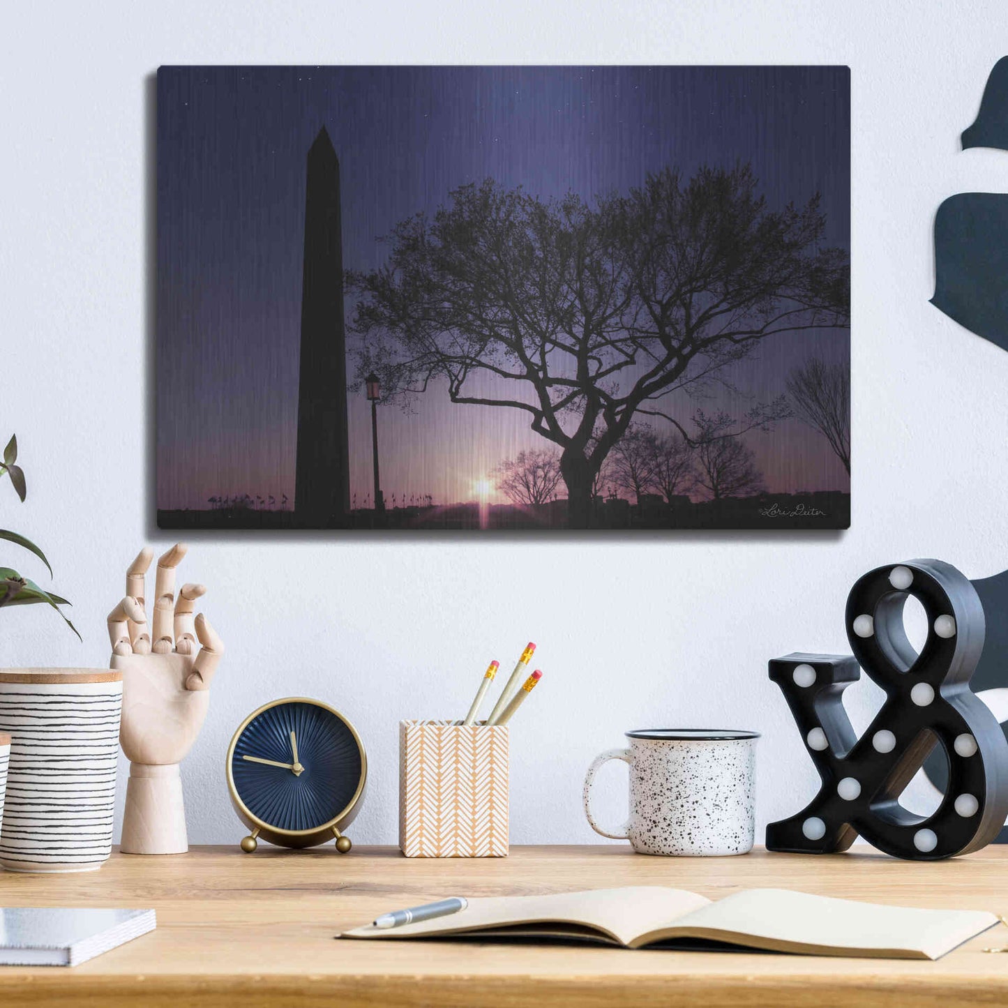 Luxe Metal Art 'Nightfall at the Washington Monument' by Lori Deiter, Metal Wall Art,16x12