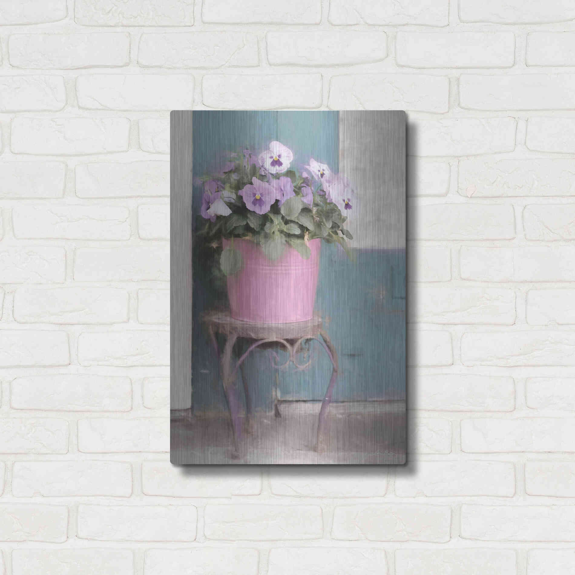 Luxe Metal Art 'Pansy Bucket' by Lori Deiter, Metal Wall Art,16x24