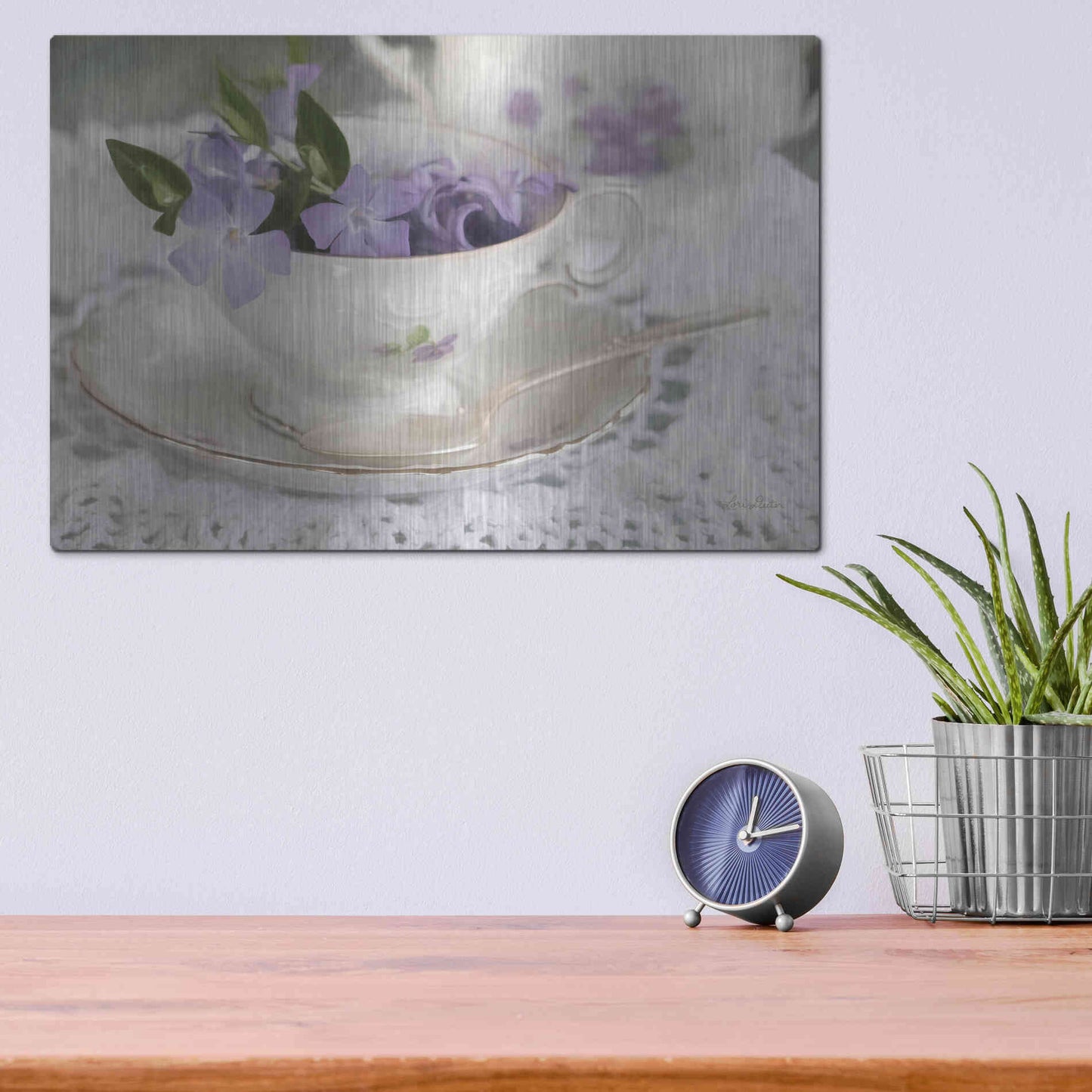 Luxe Metal Art 'Violet Teacup II' by Lori Deiter, Metal Wall Art,16x12