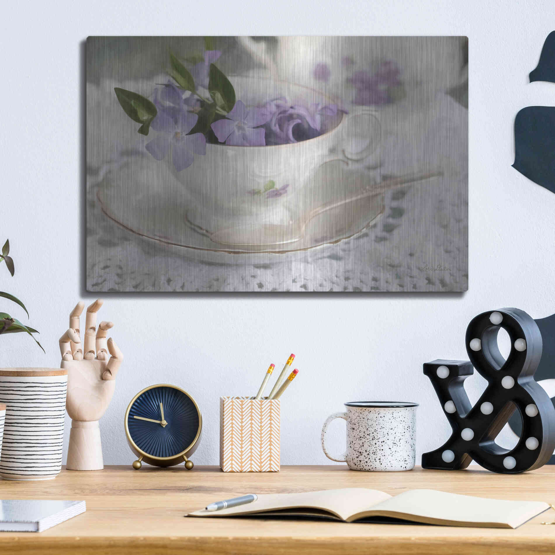 Luxe Metal Art 'Violet Teacup II' by Lori Deiter, Metal Wall Art,16x12