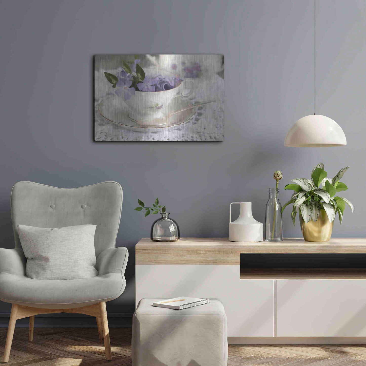 Luxe Metal Art 'Violet Teacup II' by Lori Deiter, Metal Wall Art,24x16