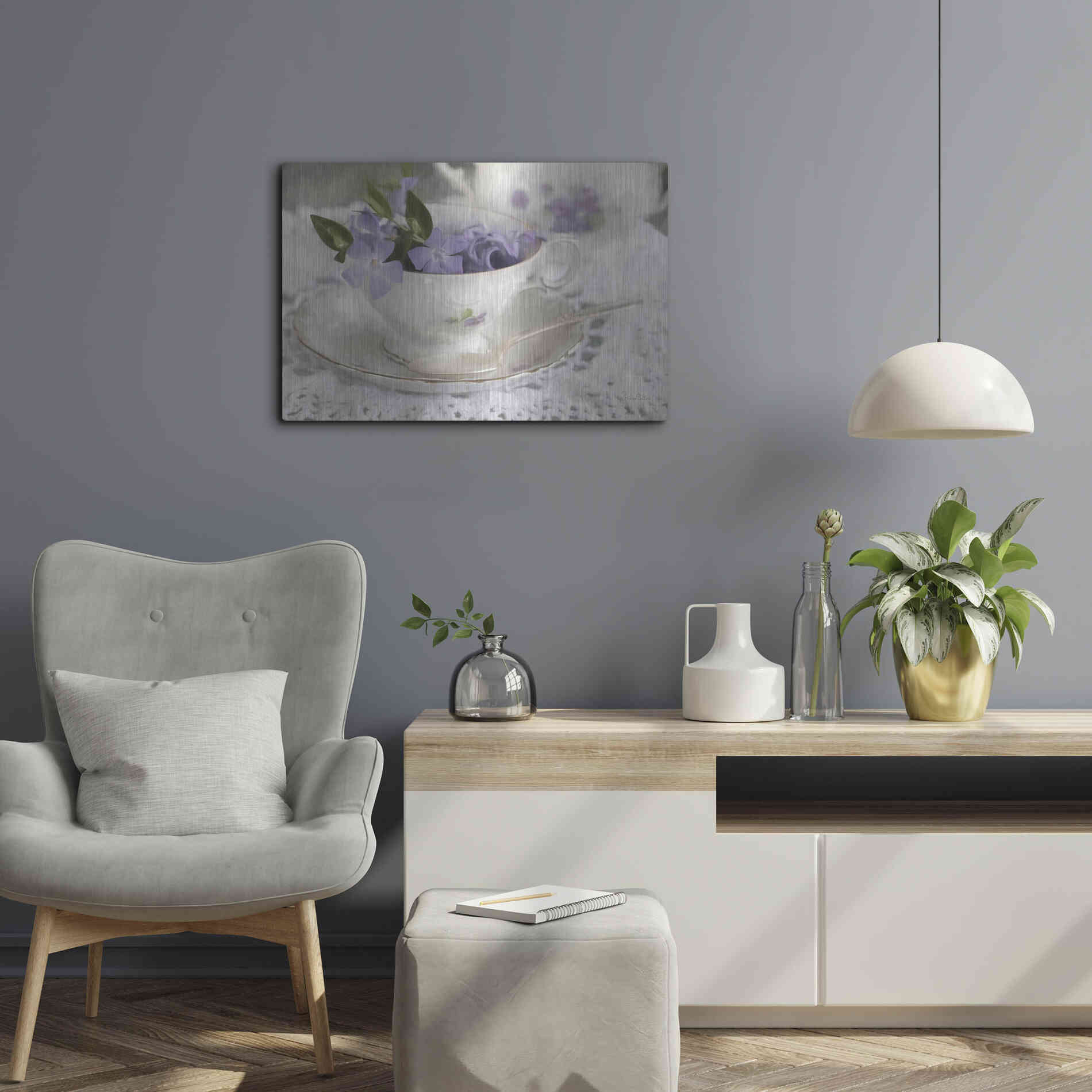 Luxe Metal Art 'Violet Teacup II' by Lori Deiter, Metal Wall Art,24x16