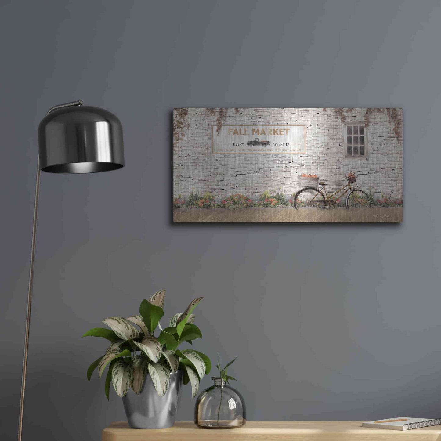 Luxe Metal Art 'Fall Market with Bike' by Lori Deiter, Metal Wall Art,24x12