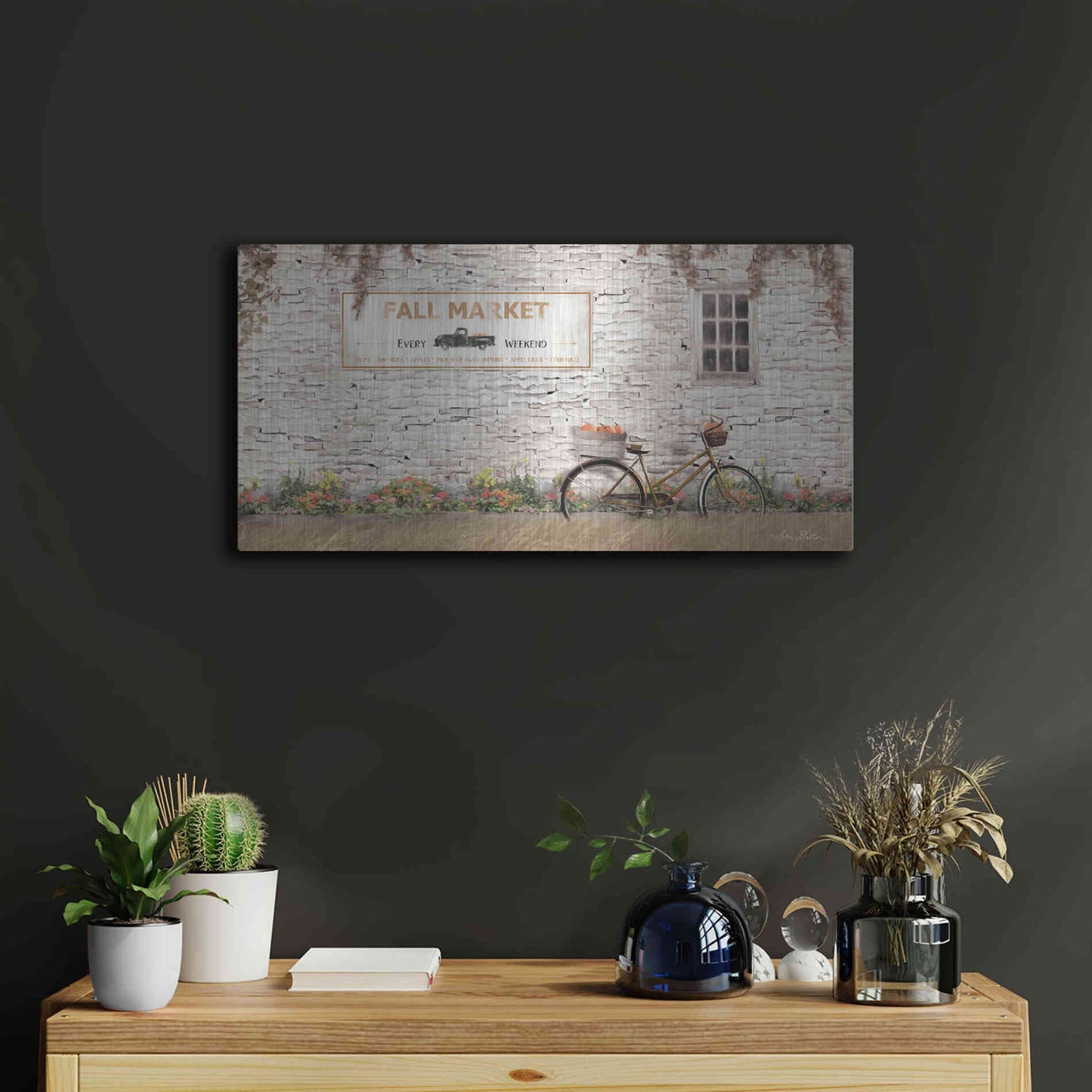 Luxe Metal Art 'Fall Market with Bike' by Lori Deiter, Metal Wall Art,24x12