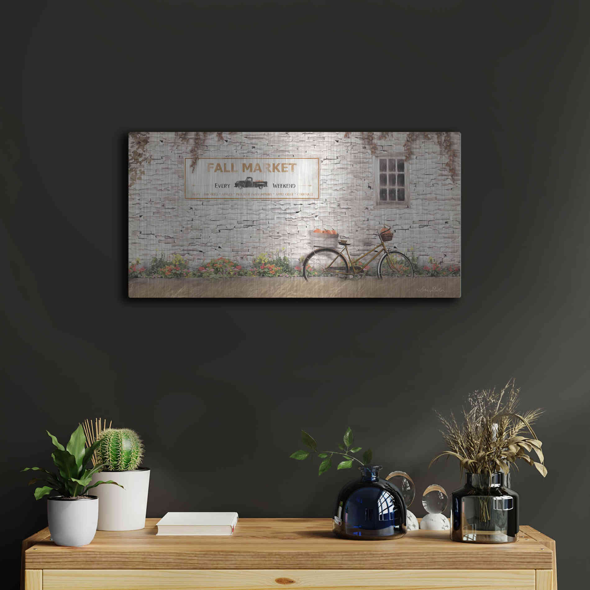 Luxe Metal Art 'Fall Market with Bike' by Lori Deiter, Metal Wall Art,24x12