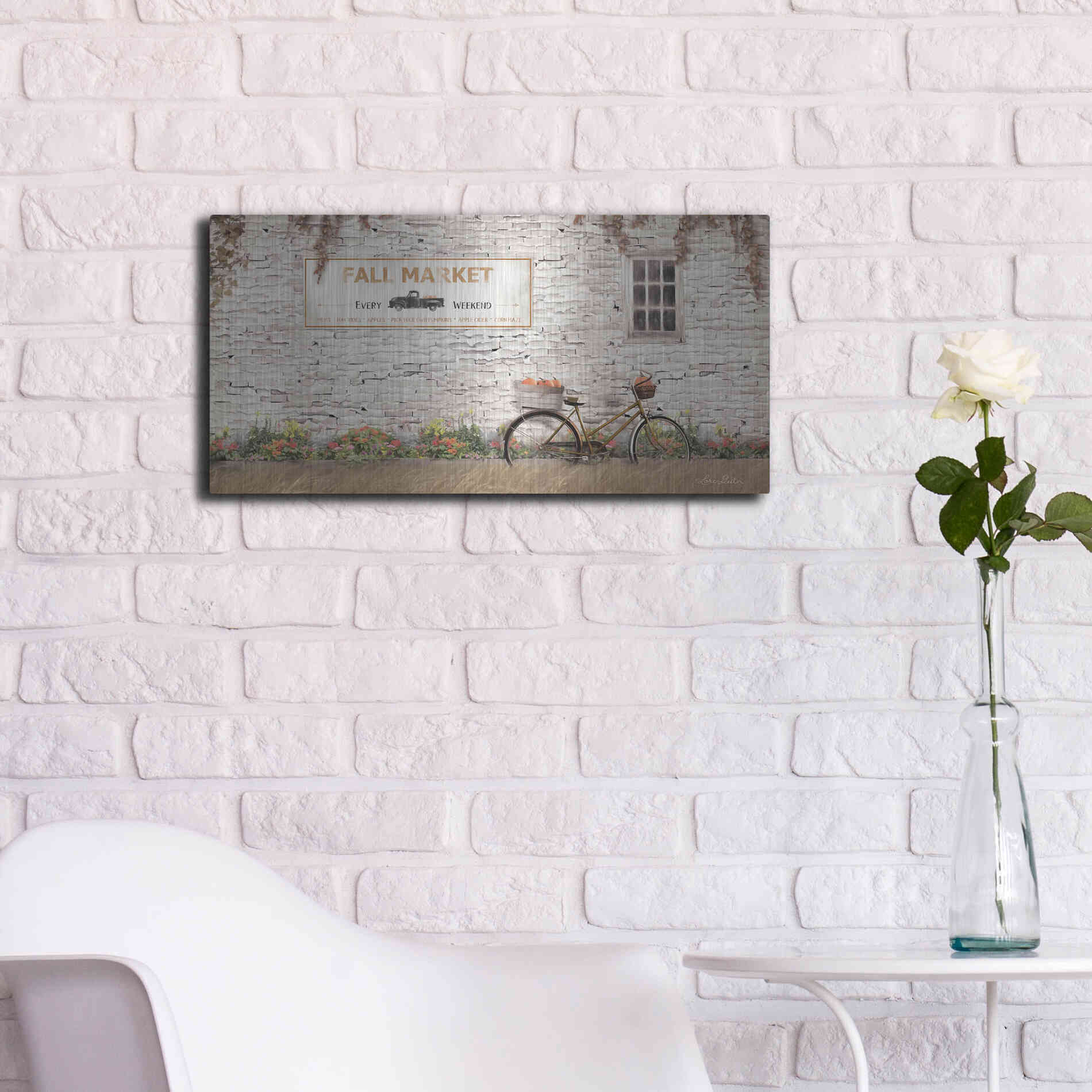 Luxe Metal Art 'Fall Market with Bike' by Lori Deiter, Metal Wall Art,24x12