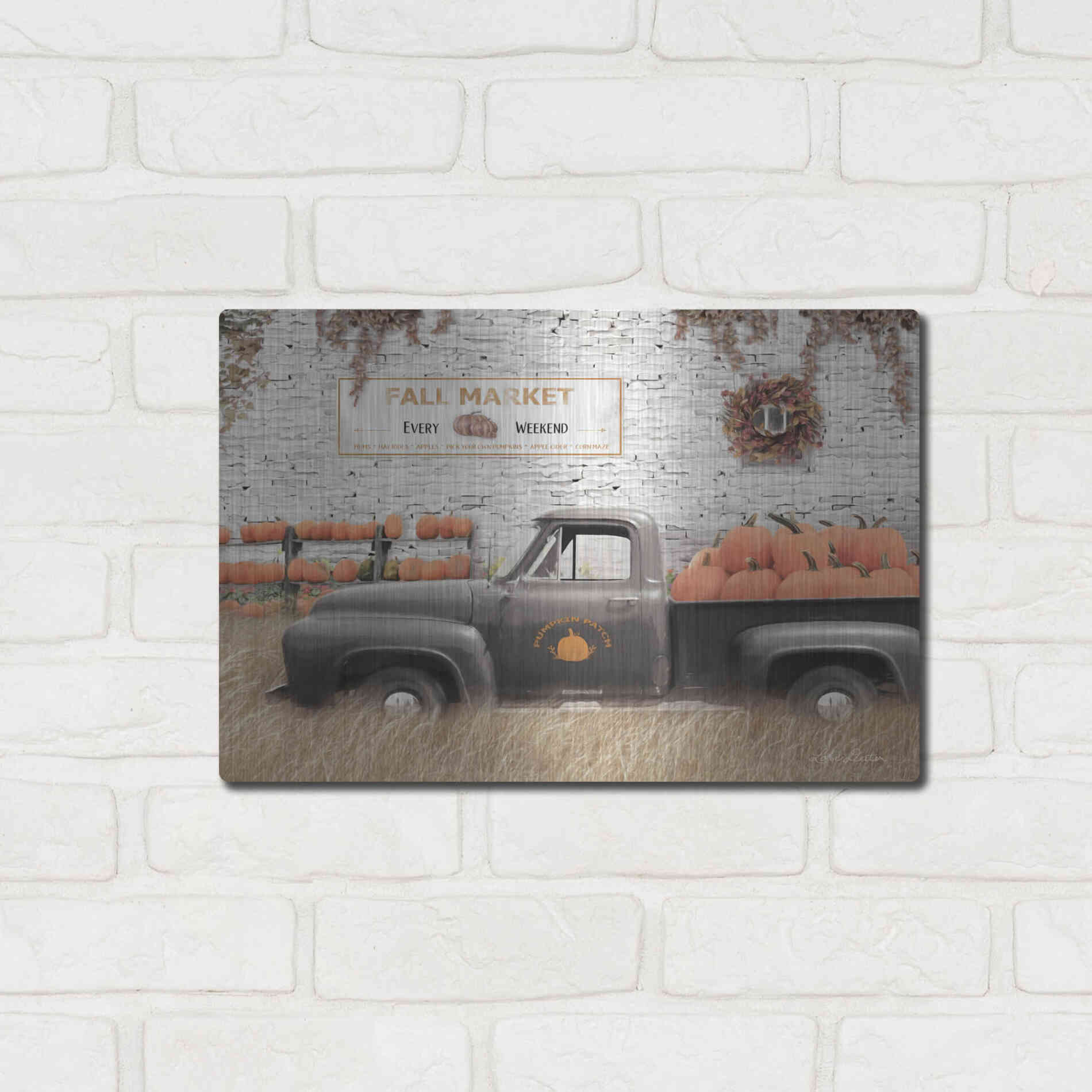 Luxe Metal Art 'Fall Pumpkin Market' by Lori Deiter, Metal Wall Art,16x12