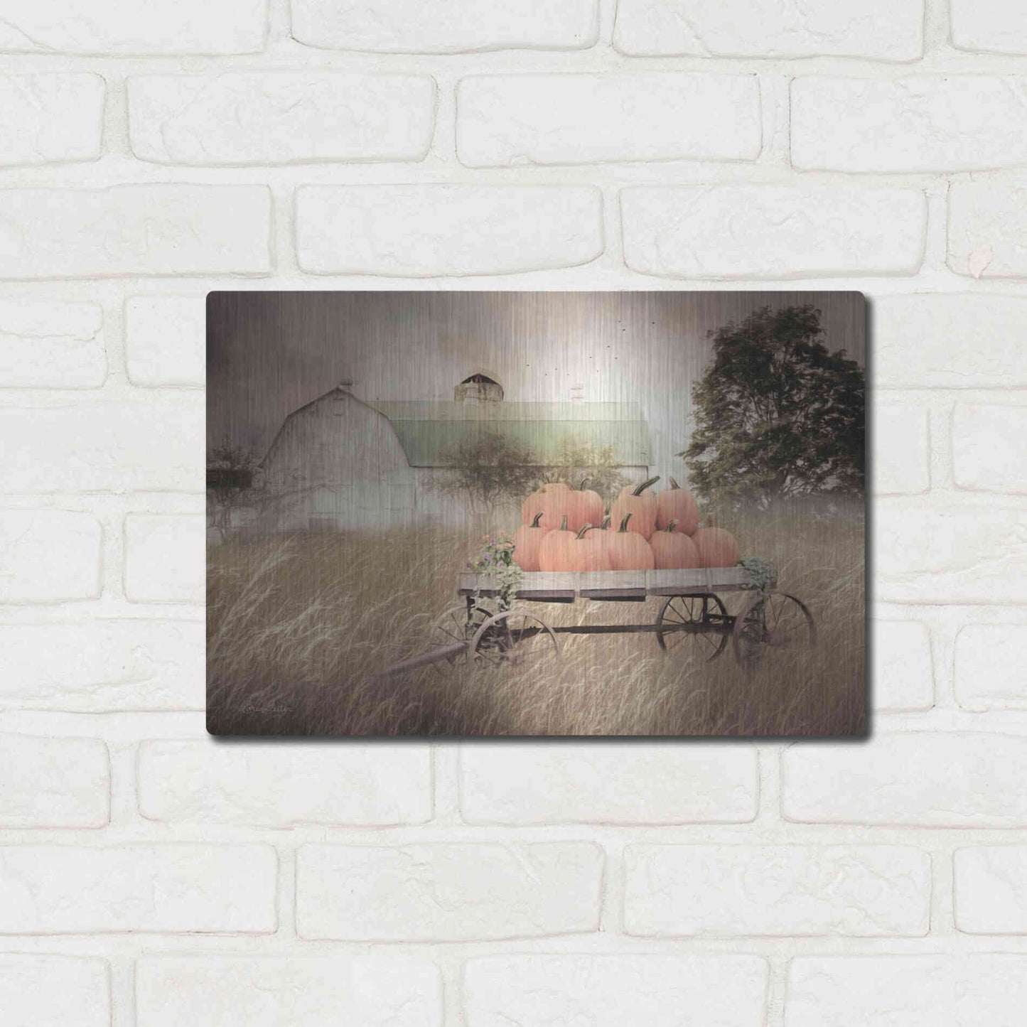 Luxe Metal Art 'Pumpkin Harvest Barn' by Lori Deiter, Metal Wall Art,16x12