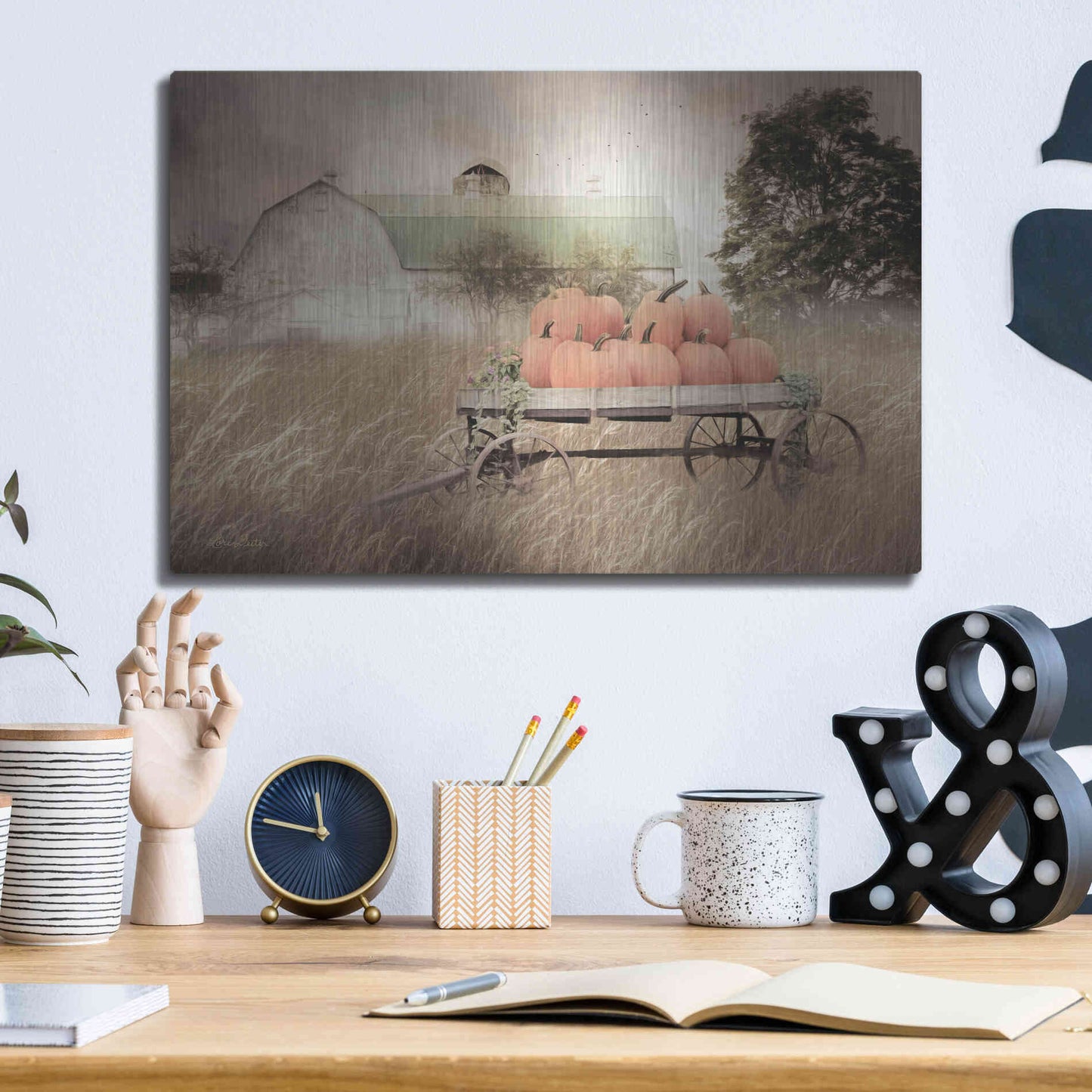 Luxe Metal Art 'Pumpkin Harvest Barn' by Lori Deiter, Metal Wall Art,16x12