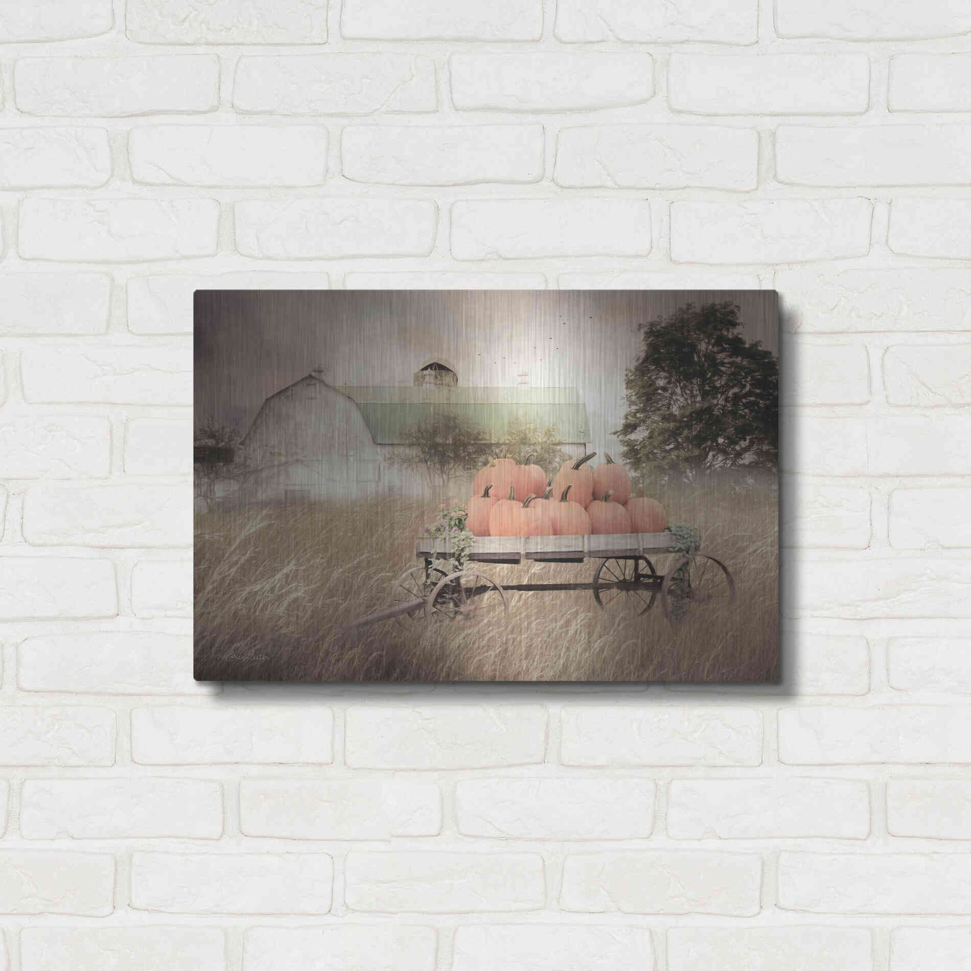 Luxe Metal Art 'Pumpkin Harvest Barn' by Lori Deiter, Metal Wall Art,24x16