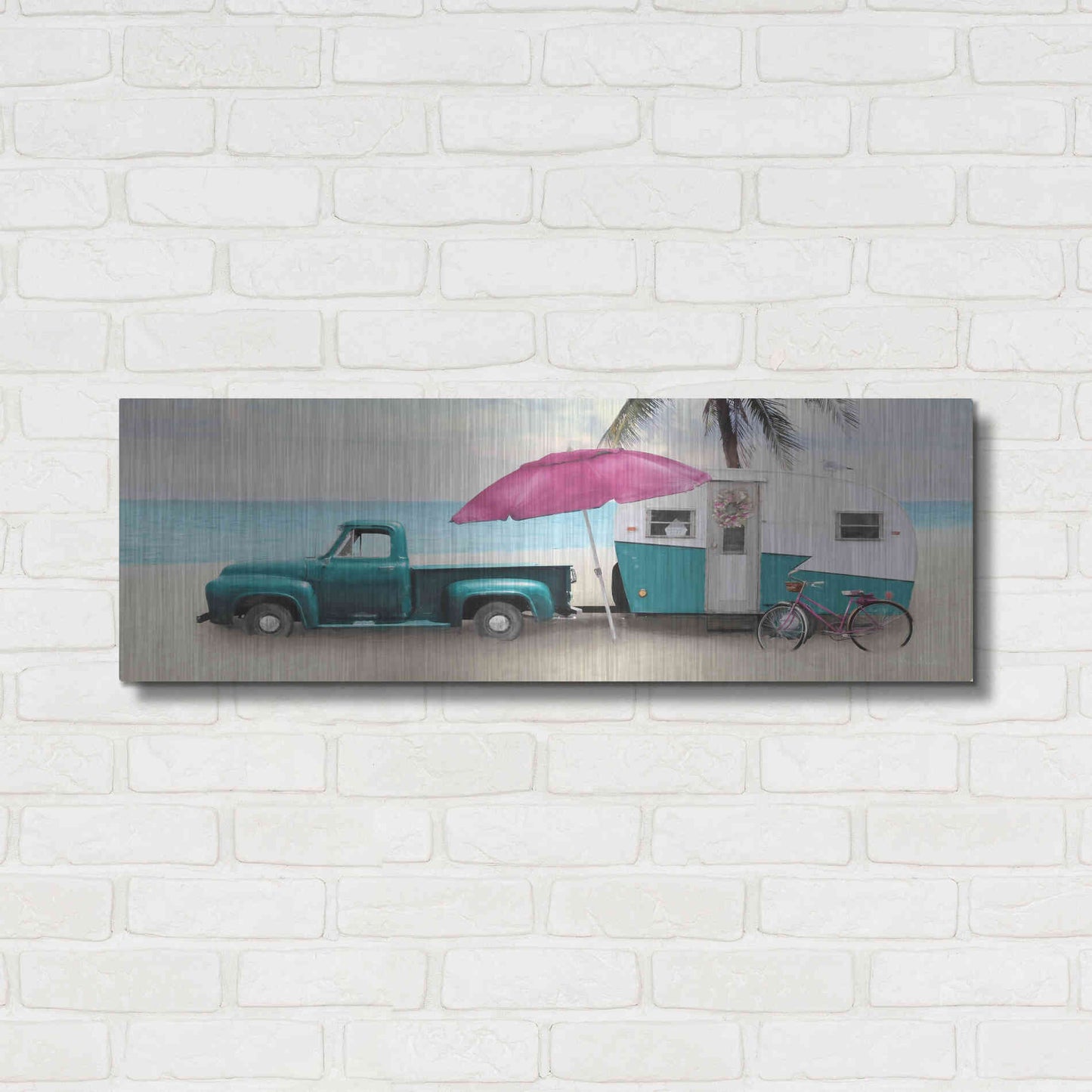 Luxe Metal Art 'Beach Camping with Bike' by Lori Deiter, Metal Wall Art,36x12