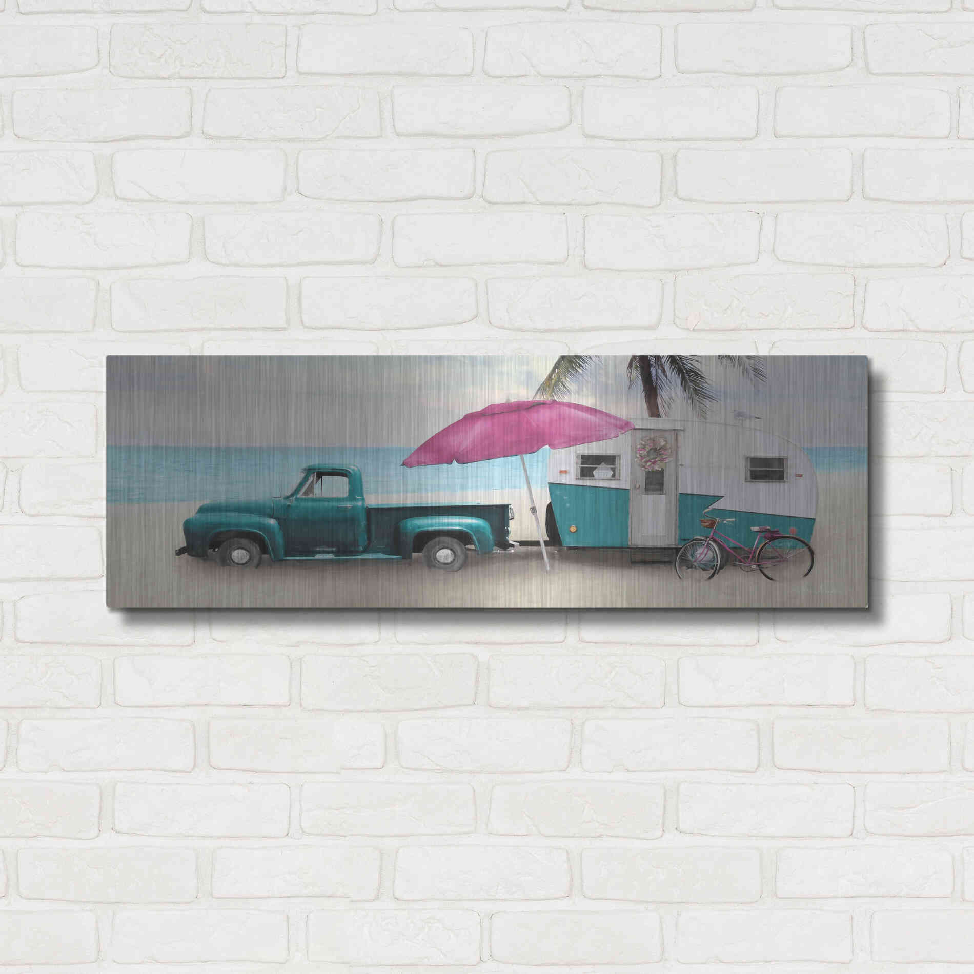 Luxe Metal Art 'Beach Camping with Bike' by Lori Deiter, Metal Wall Art,36x12