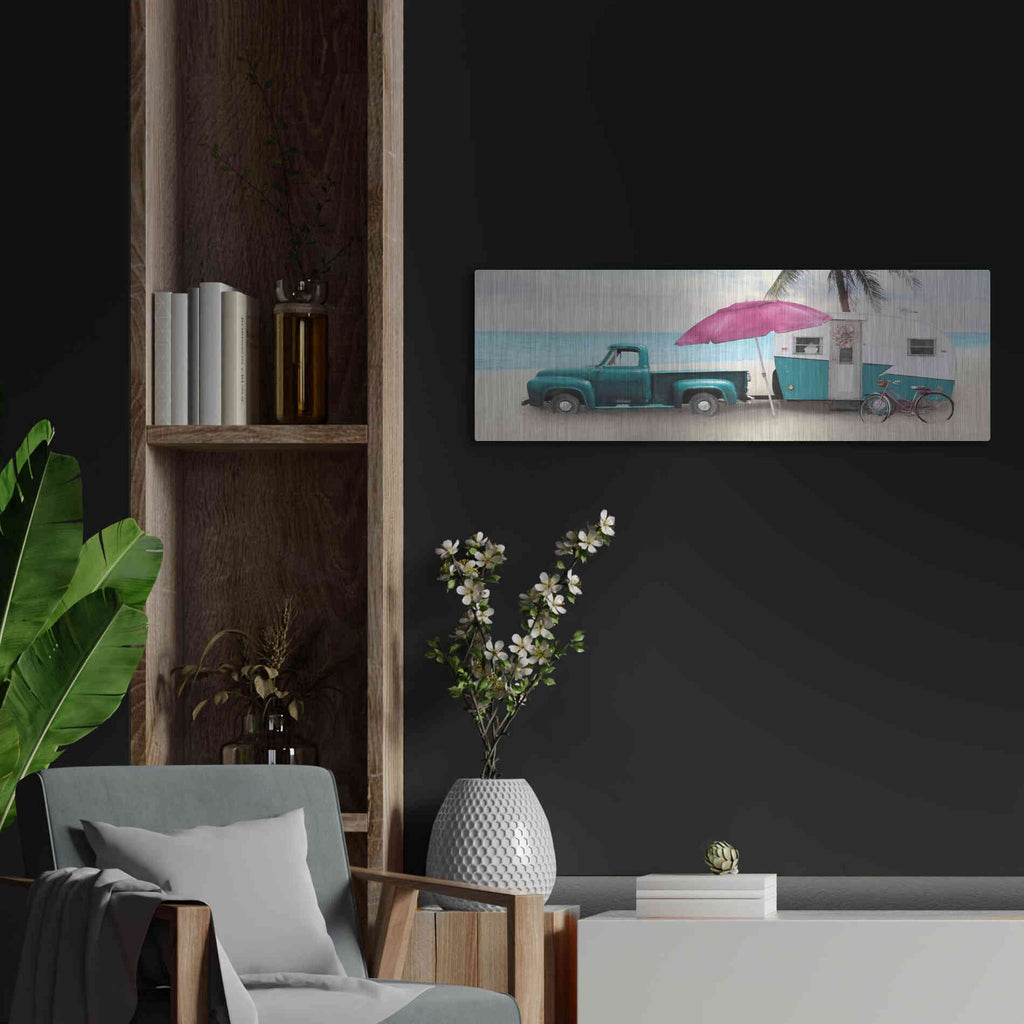 Luxe Metal Art 'Beach Camping with Bike' by Lori Deiter, Metal Wall Art,36x12