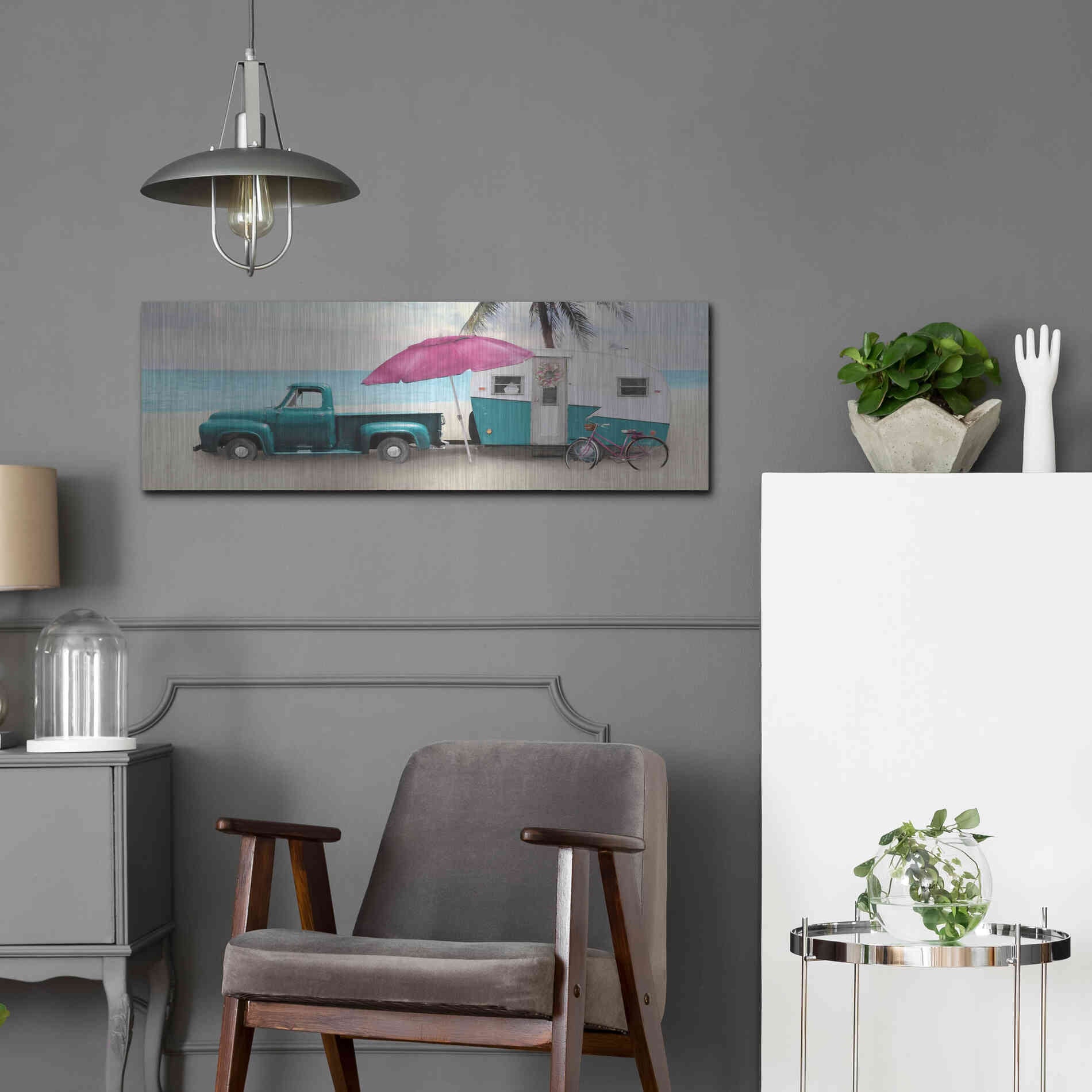 Luxe Metal Art 'Beach Camping with Bike' by Lori Deiter, Metal Wall Art,36x12