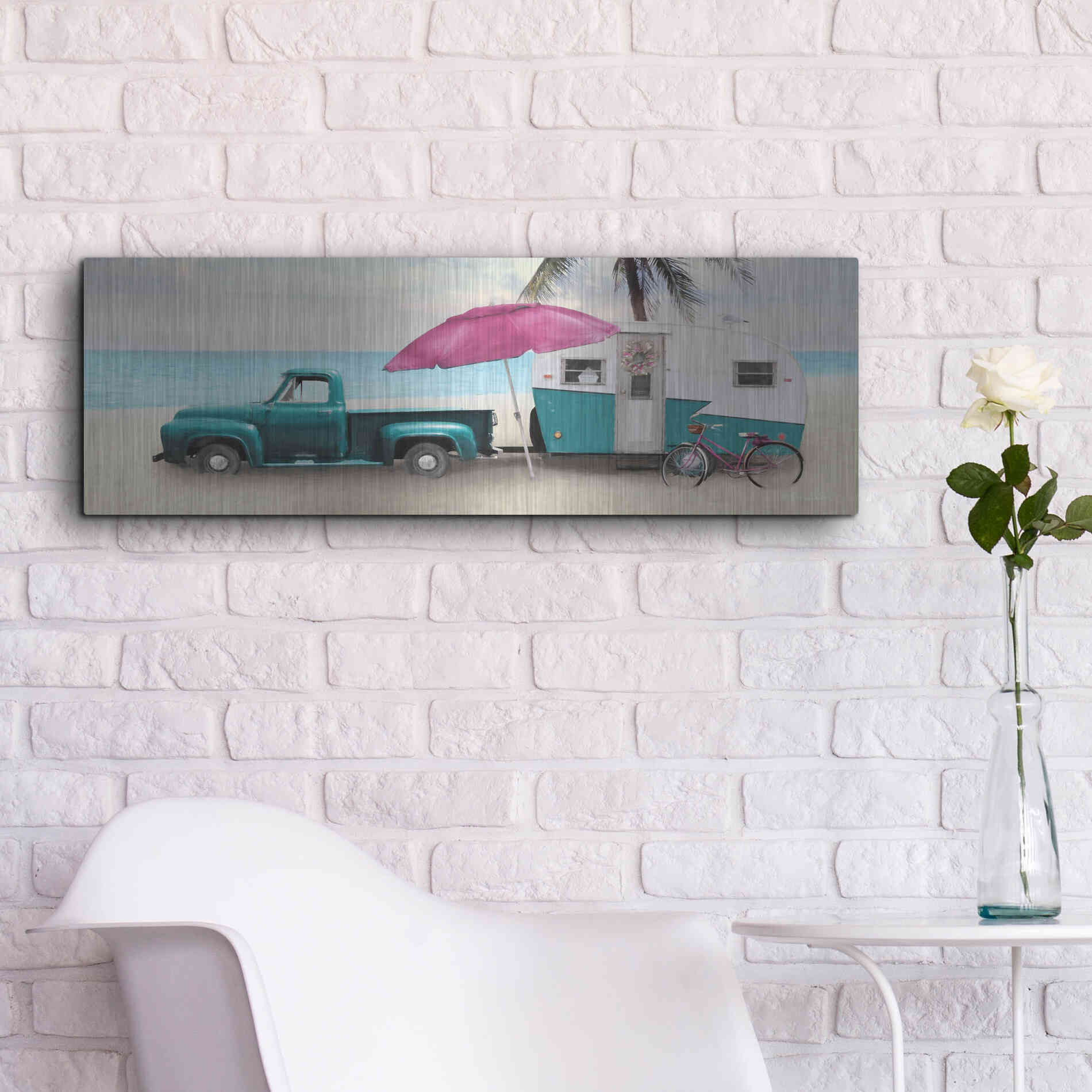 Luxe Metal Art 'Beach Camping with Bike' by Lori Deiter, Metal Wall Art,36x12