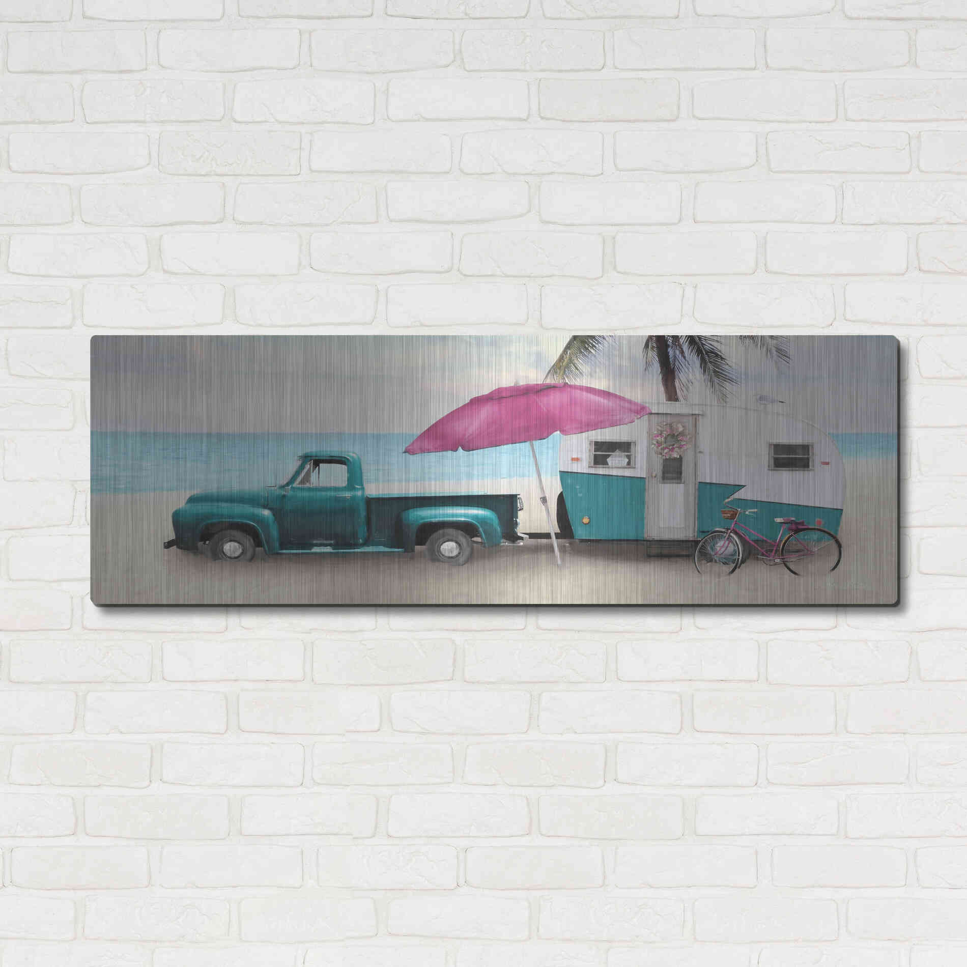 Luxe Metal Art 'Beach Camping with Bike' by Lori Deiter, Metal Wall Art,48x16