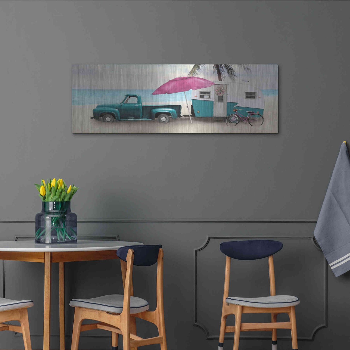 Luxe Metal Art 'Beach Camping with Bike' by Lori Deiter, Metal Wall Art,48x16