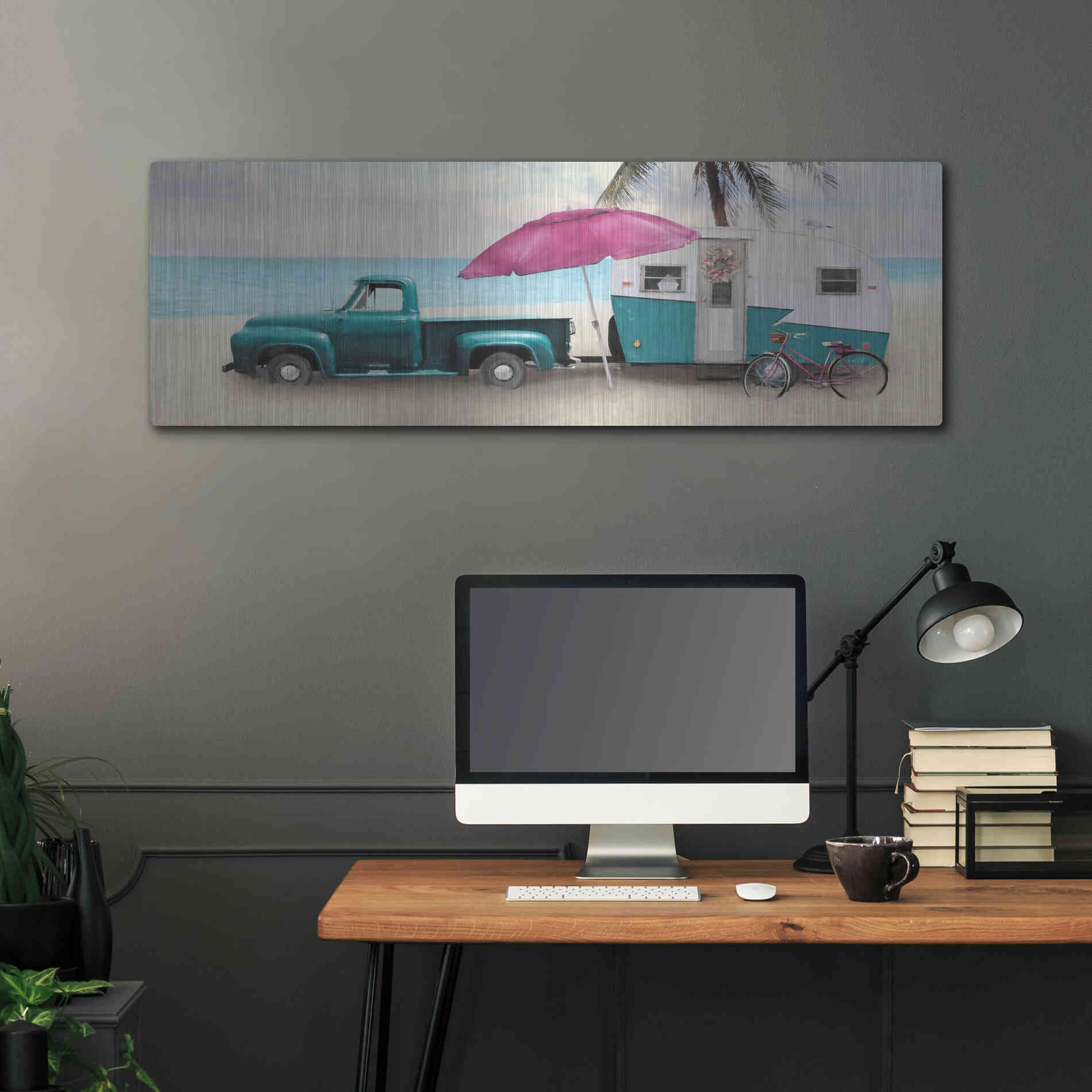 Luxe Metal Art 'Beach Camping with Bike' by Lori Deiter, Metal Wall Art,48x16