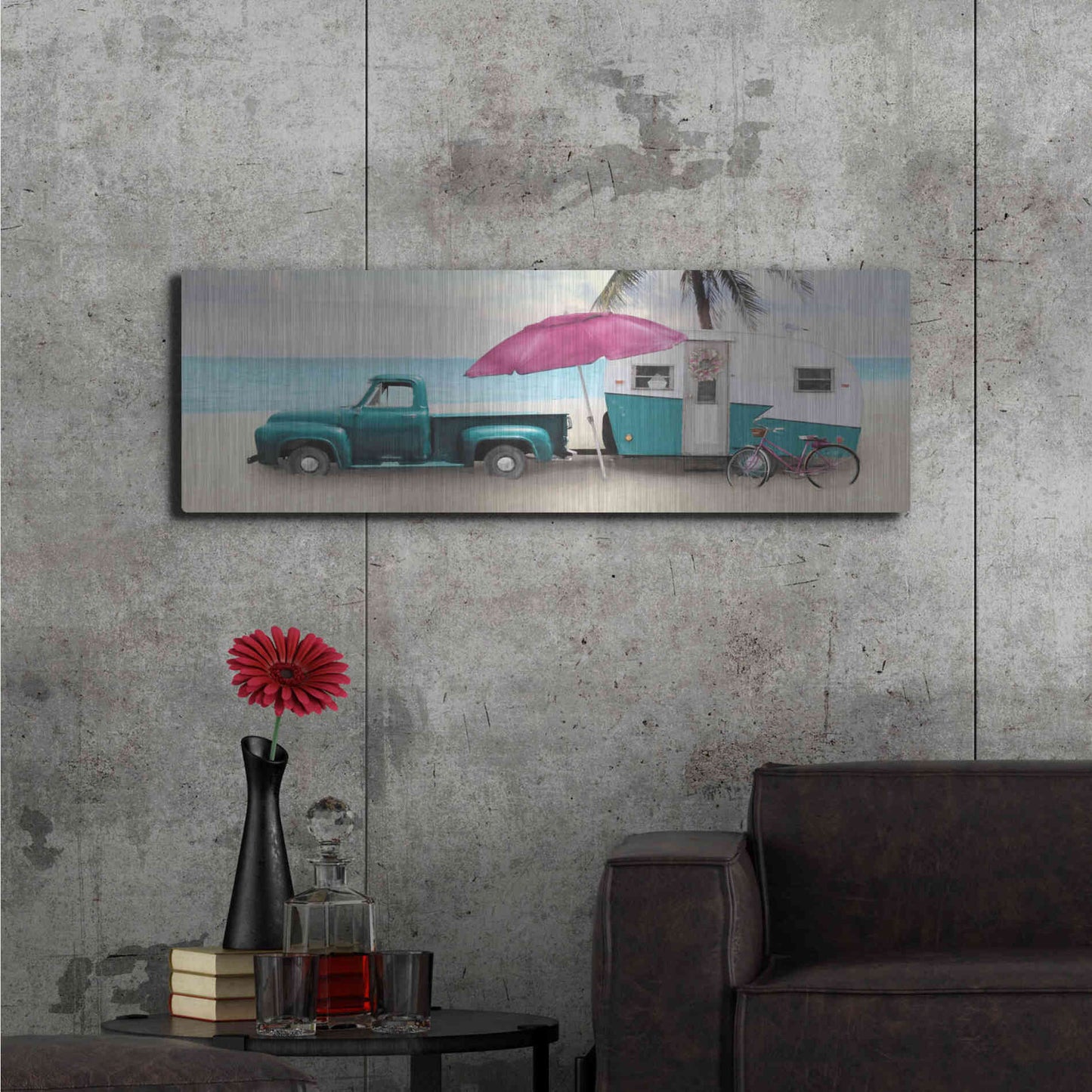Luxe Metal Art 'Beach Camping with Bike' by Lori Deiter, Metal Wall Art,48x16