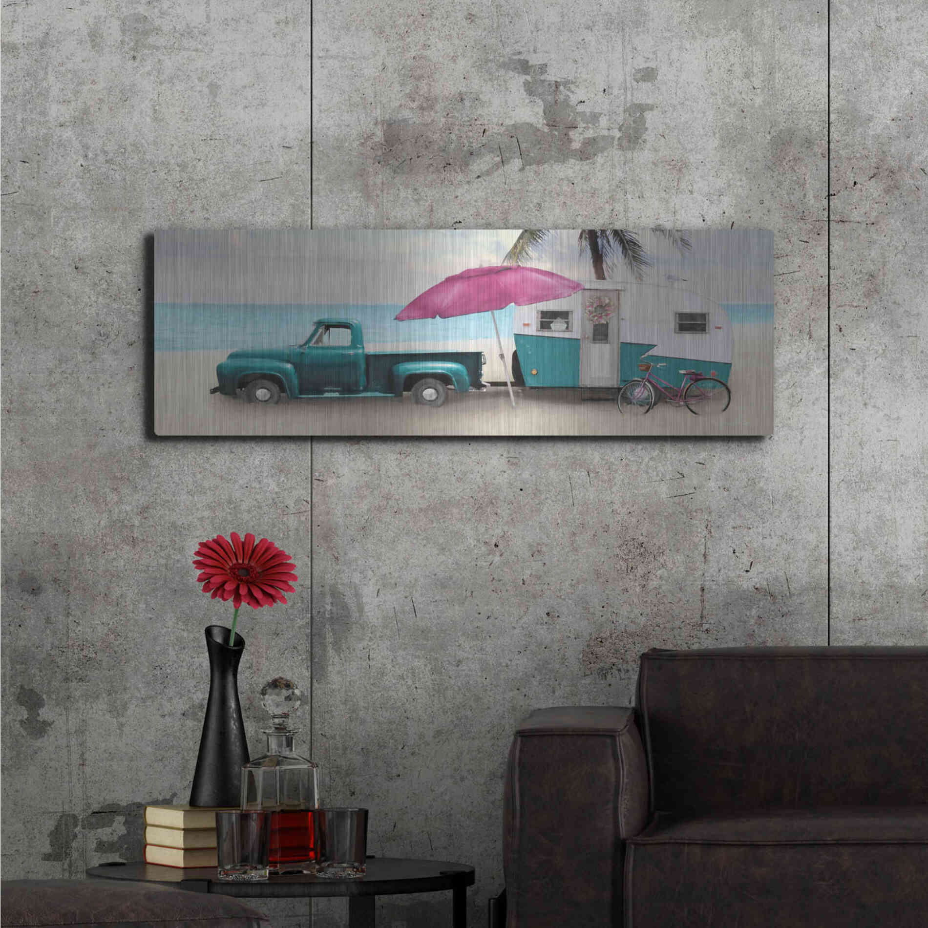 Luxe Metal Art 'Beach Camping with Bike' by Lori Deiter, Metal Wall Art,48x16