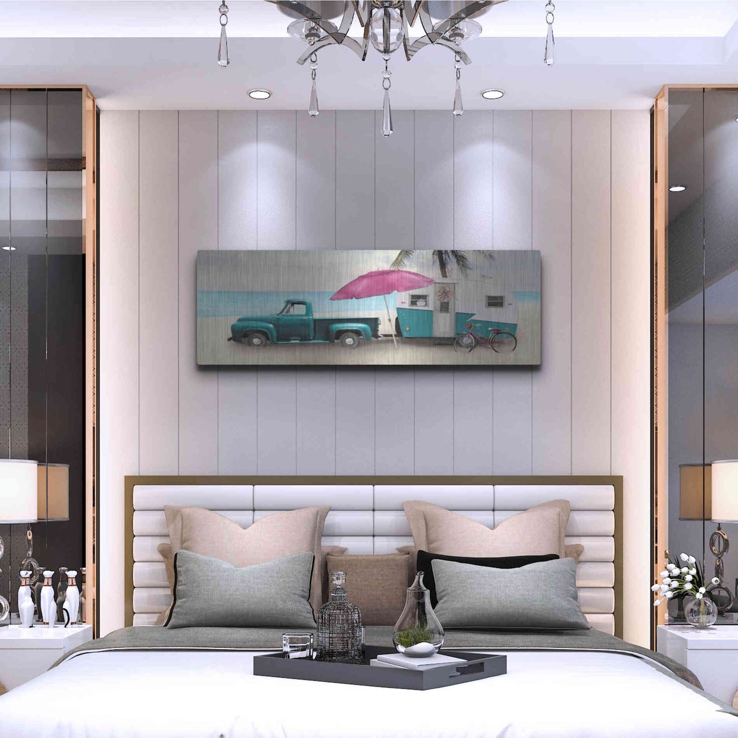 Luxe Metal Art 'Beach Camping with Bike' by Lori Deiter, Metal Wall Art,48x16