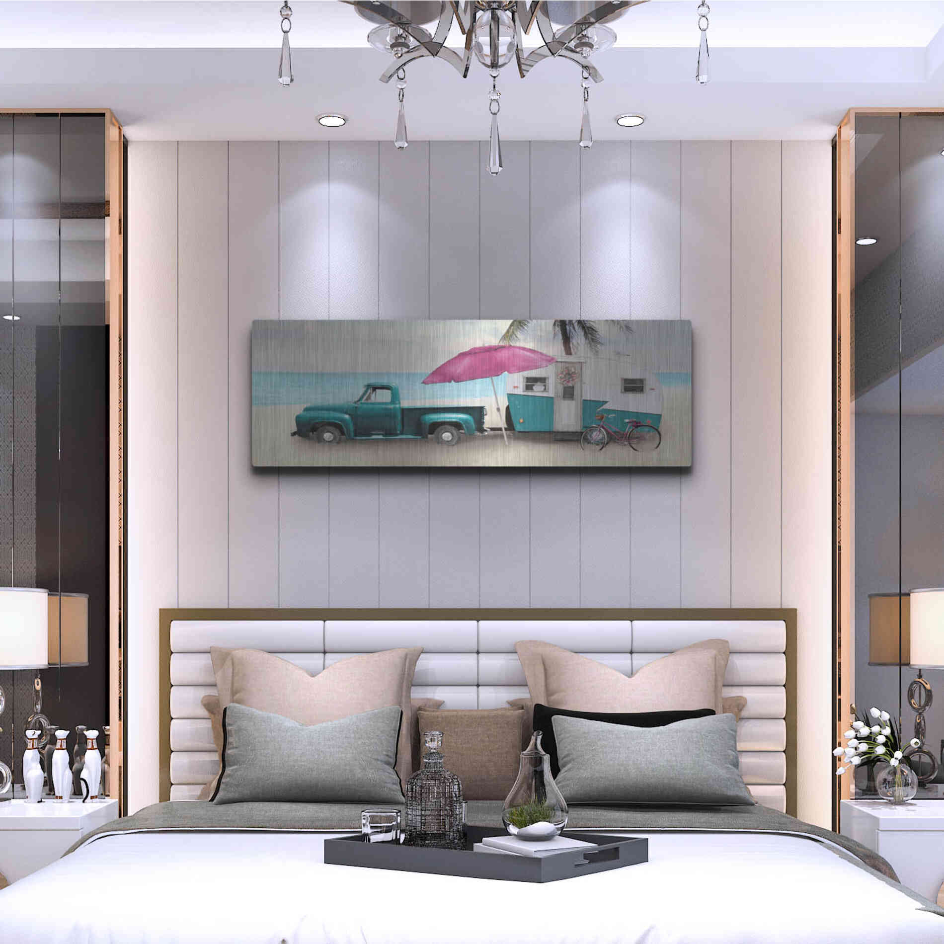 Luxe Metal Art 'Beach Camping with Bike' by Lori Deiter, Metal Wall Art,48x16