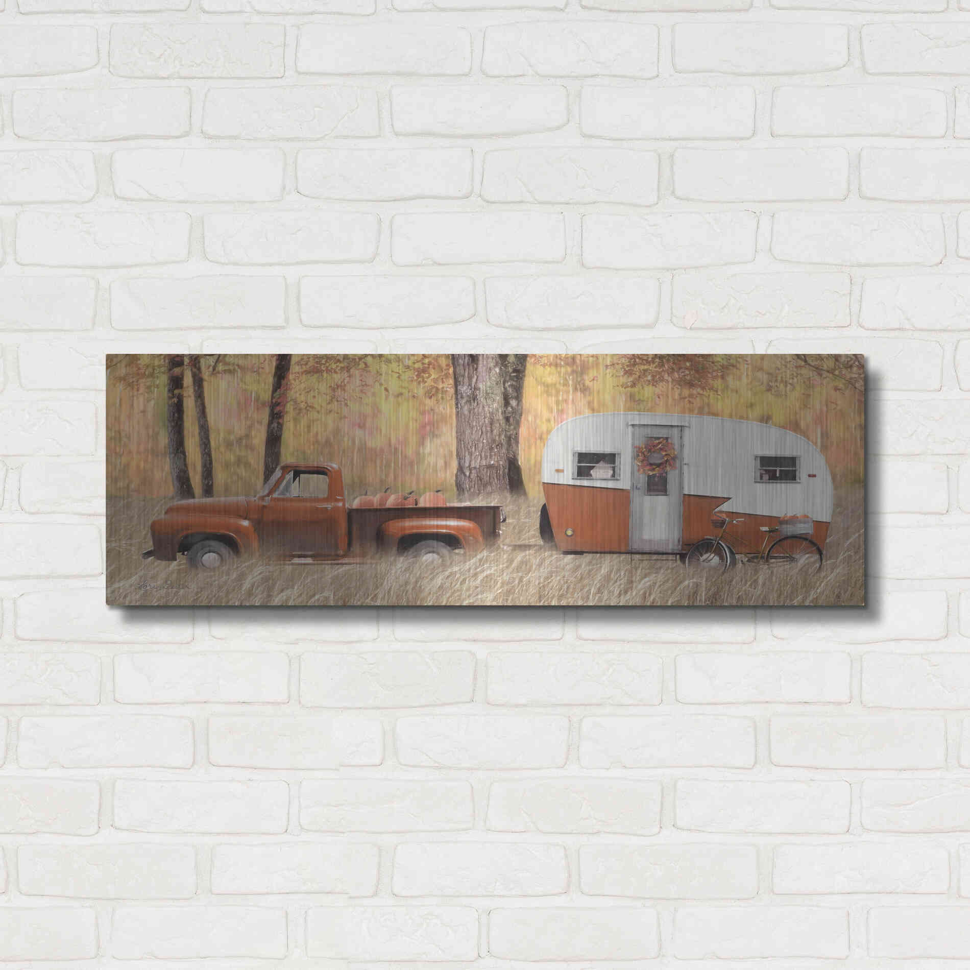 Luxe Metal Art 'Fall Camping with bike' by Lori Deiter, Metal Wall Art,36x12