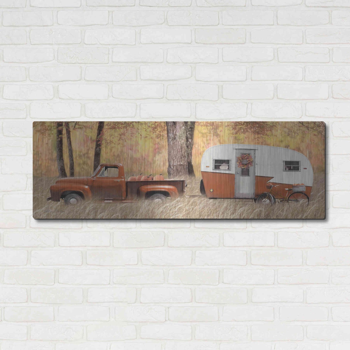 Luxe Metal Art 'Fall Camping with bike' by Lori Deiter, Metal Wall Art,48x16
