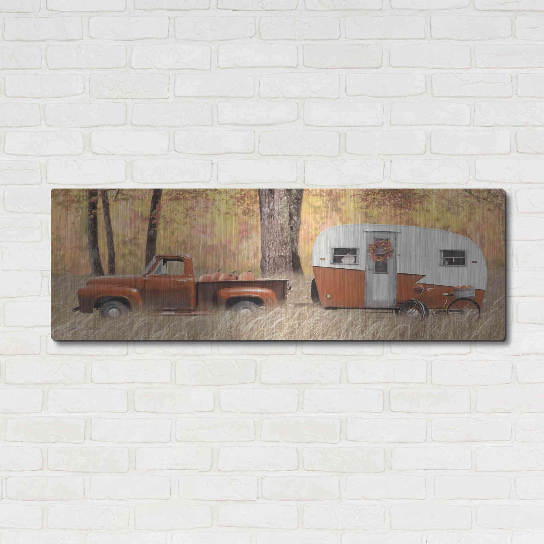 Luxe Metal Art 'Fall Camping with bike' by Lori Deiter, Metal Wall Art,48x16