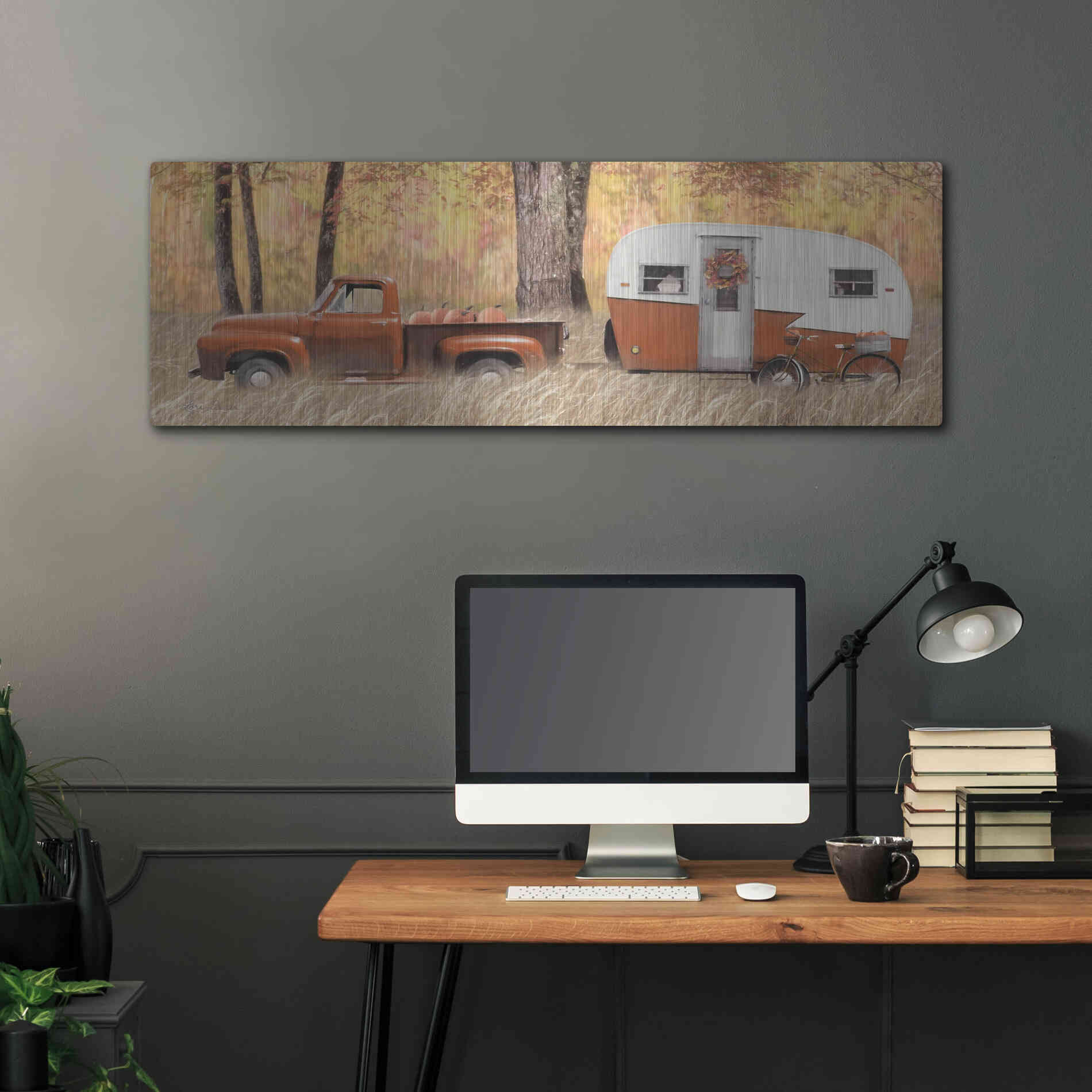 Luxe Metal Art 'Fall Camping with bike' by Lori Deiter, Metal Wall Art,48x16