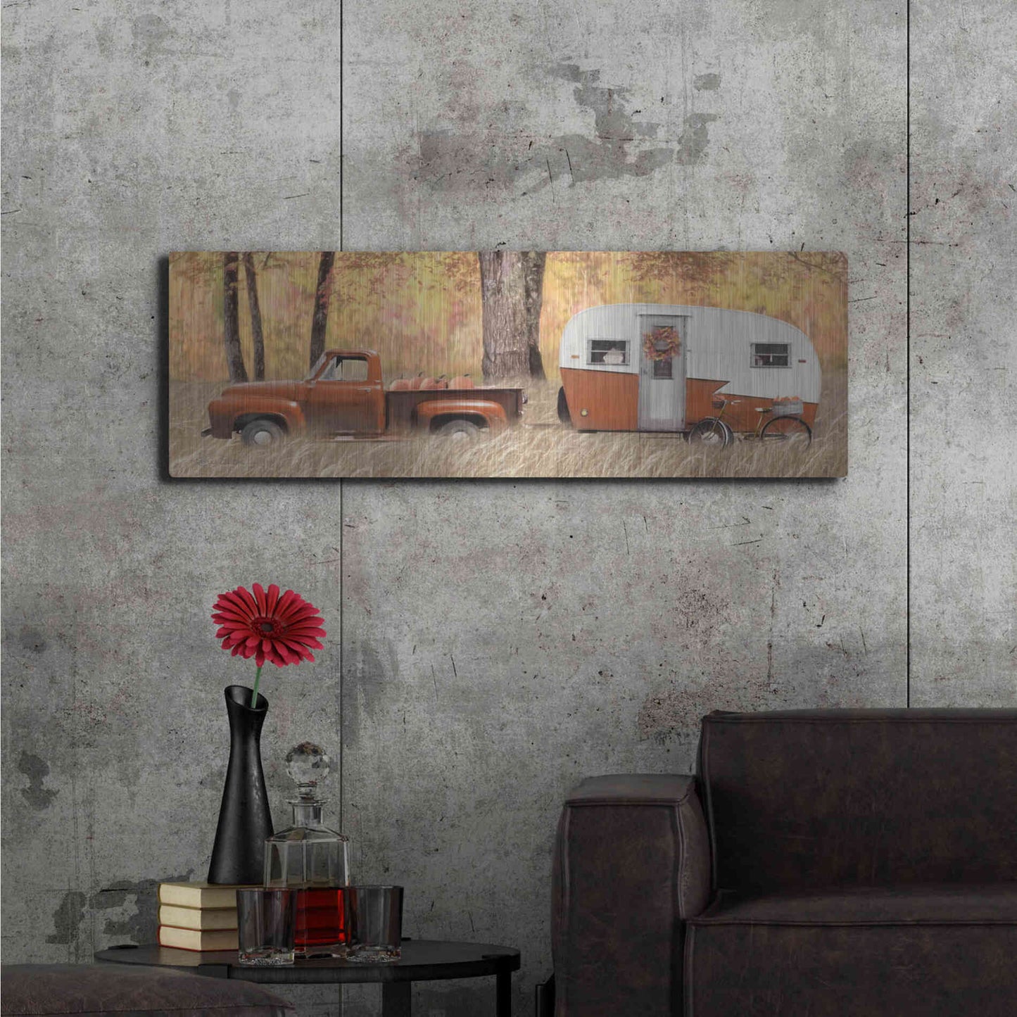 Luxe Metal Art 'Fall Camping with bike' by Lori Deiter, Metal Wall Art,48x16