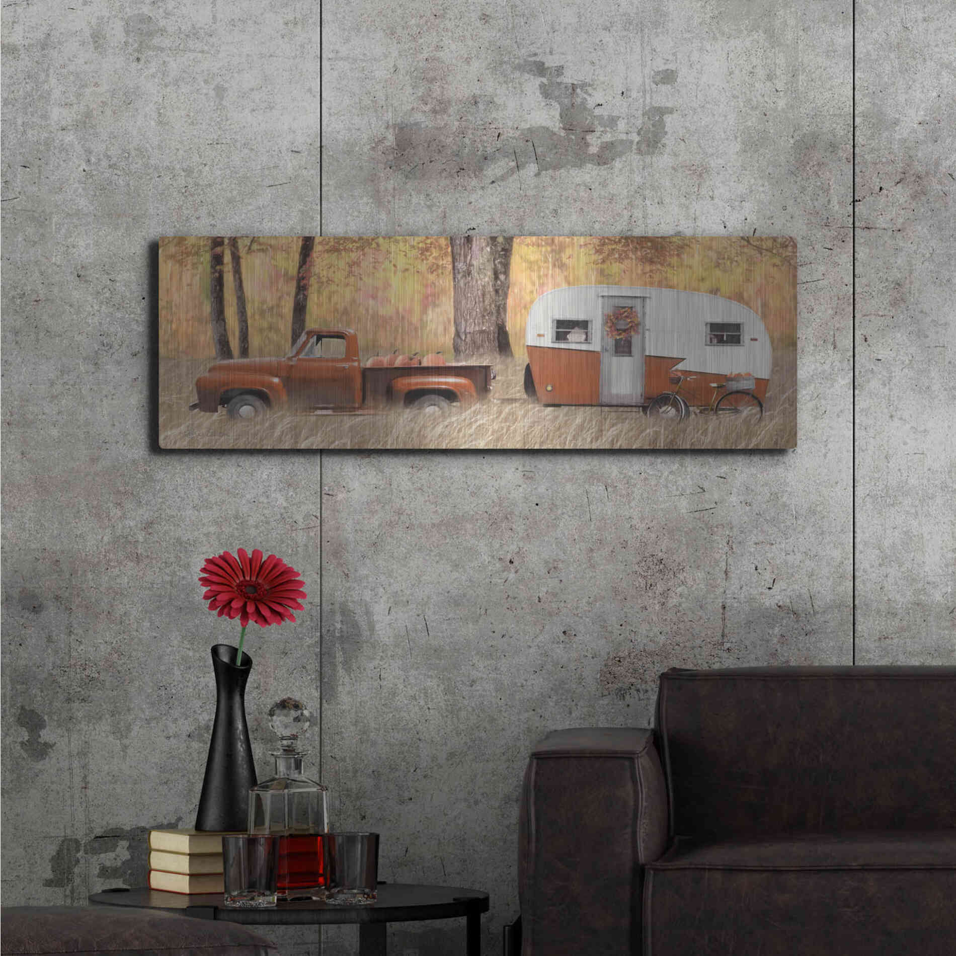 Luxe Metal Art 'Fall Camping with bike' by Lori Deiter, Metal Wall Art,48x16