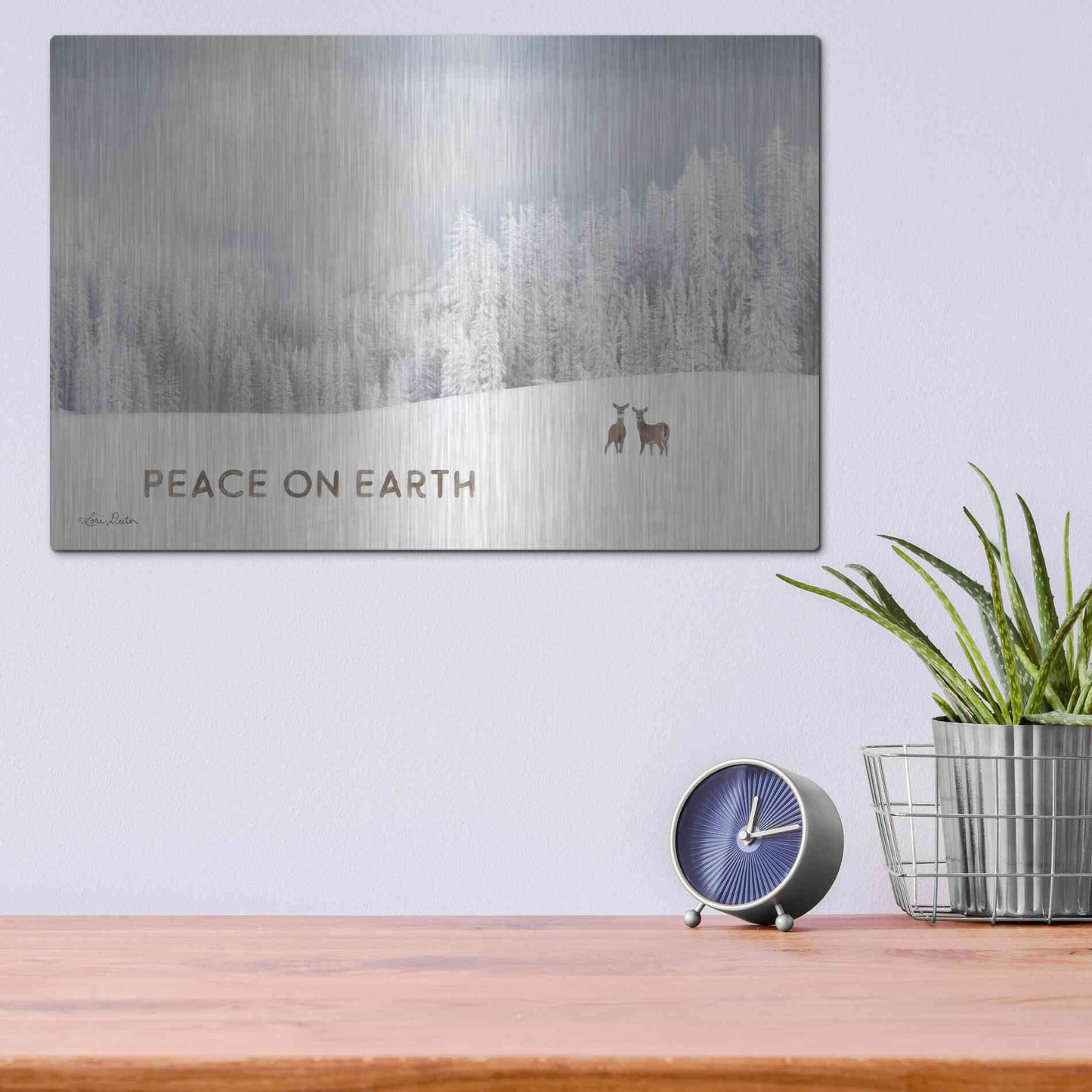 Luxe Metal Art 'Lava Mountain Snow Storm with Deer' by Lori Deiter, Metal Wall Art,16x12