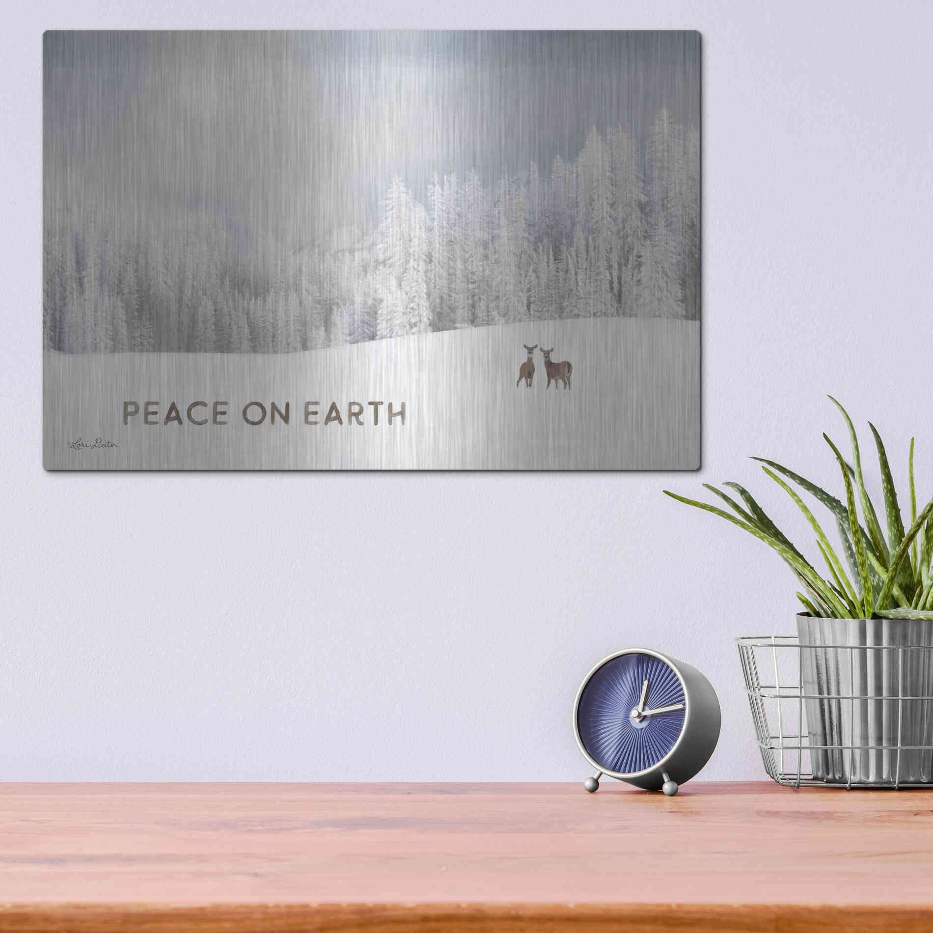 Luxe Metal Art 'Lava Mountain Snow Storm with Deer' by Lori Deiter, Metal Wall Art,16x12