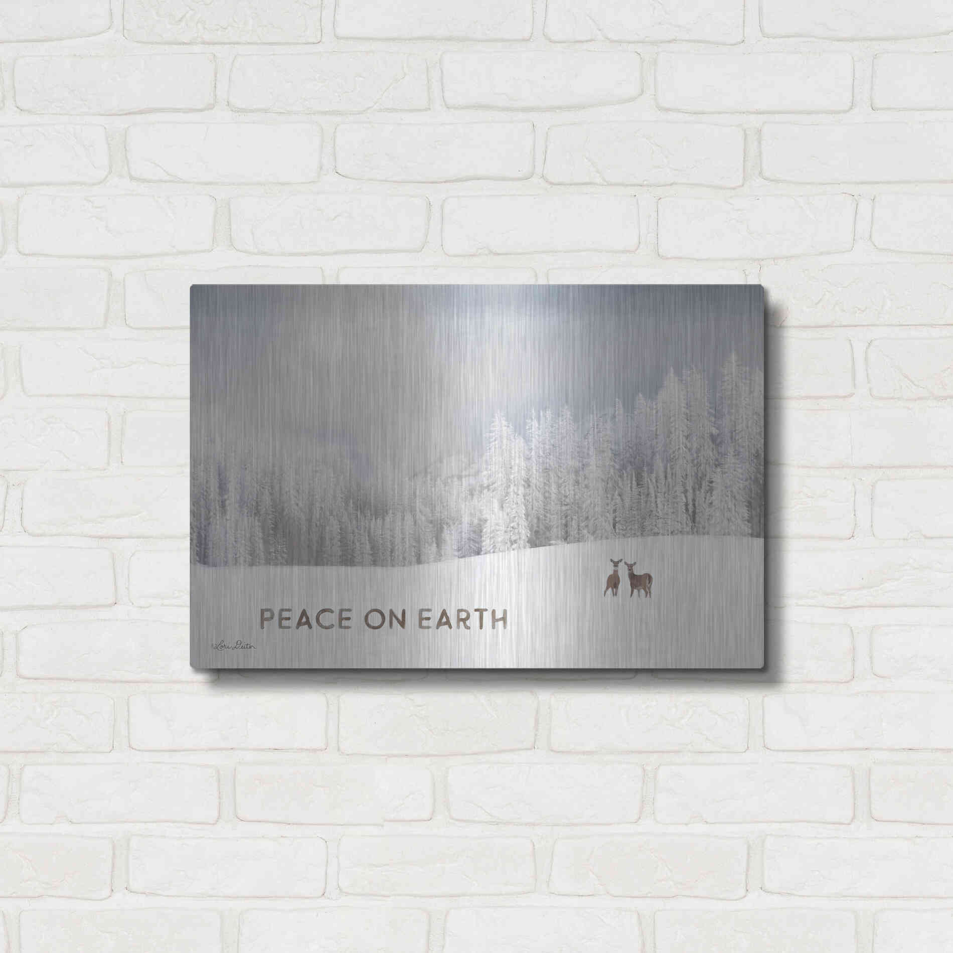 Luxe Metal Art 'Lava Mountain Snow Storm with Deer' by Lori Deiter, Metal Wall Art,24x16