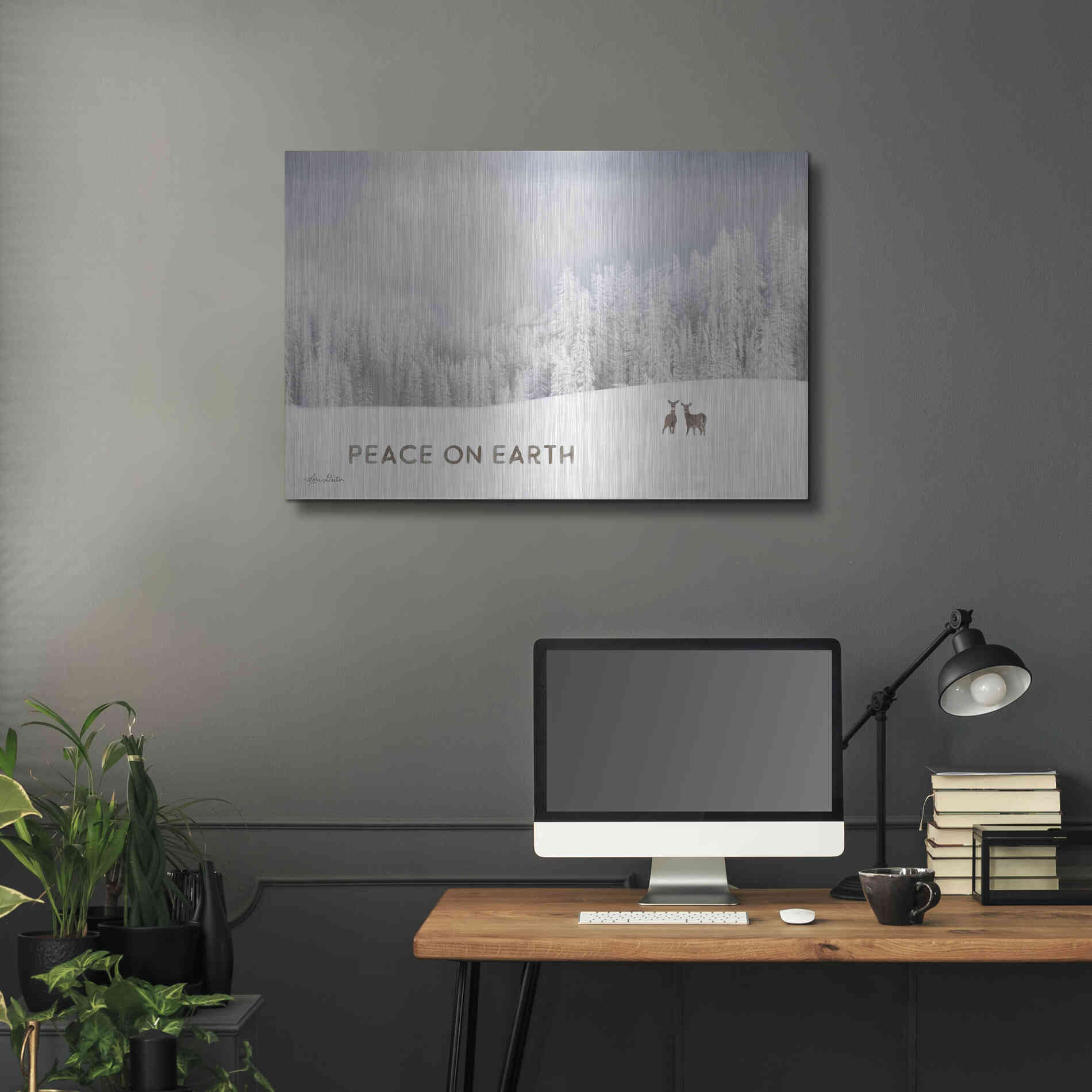Luxe Metal Art 'Lava Mountain Snow Storm with Deer' by Lori Deiter, Metal Wall Art,36x24