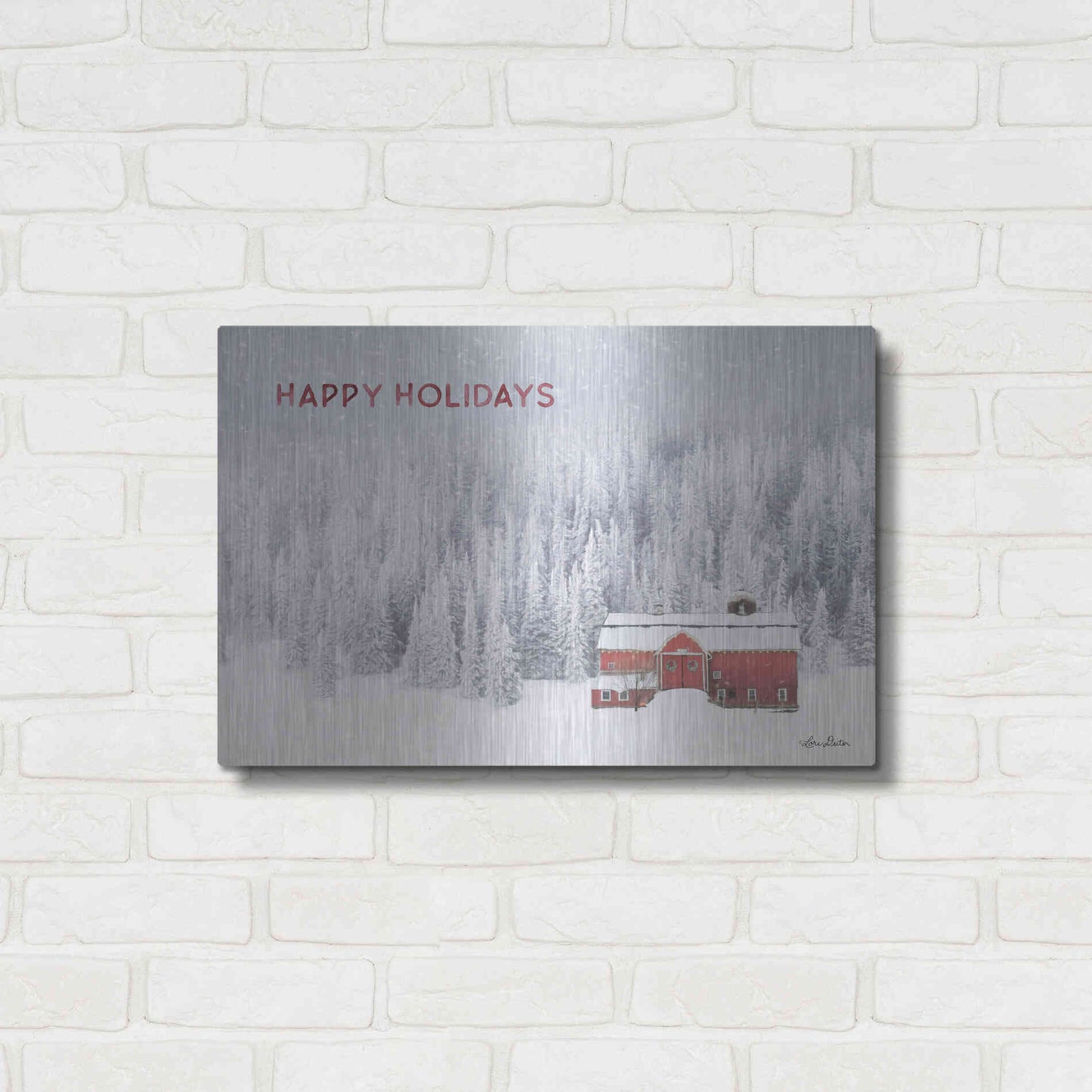 Luxe Metal Art 'Snowy Forest Happy Holidays' by Lori Deiter, Metal Wall Art,24x16