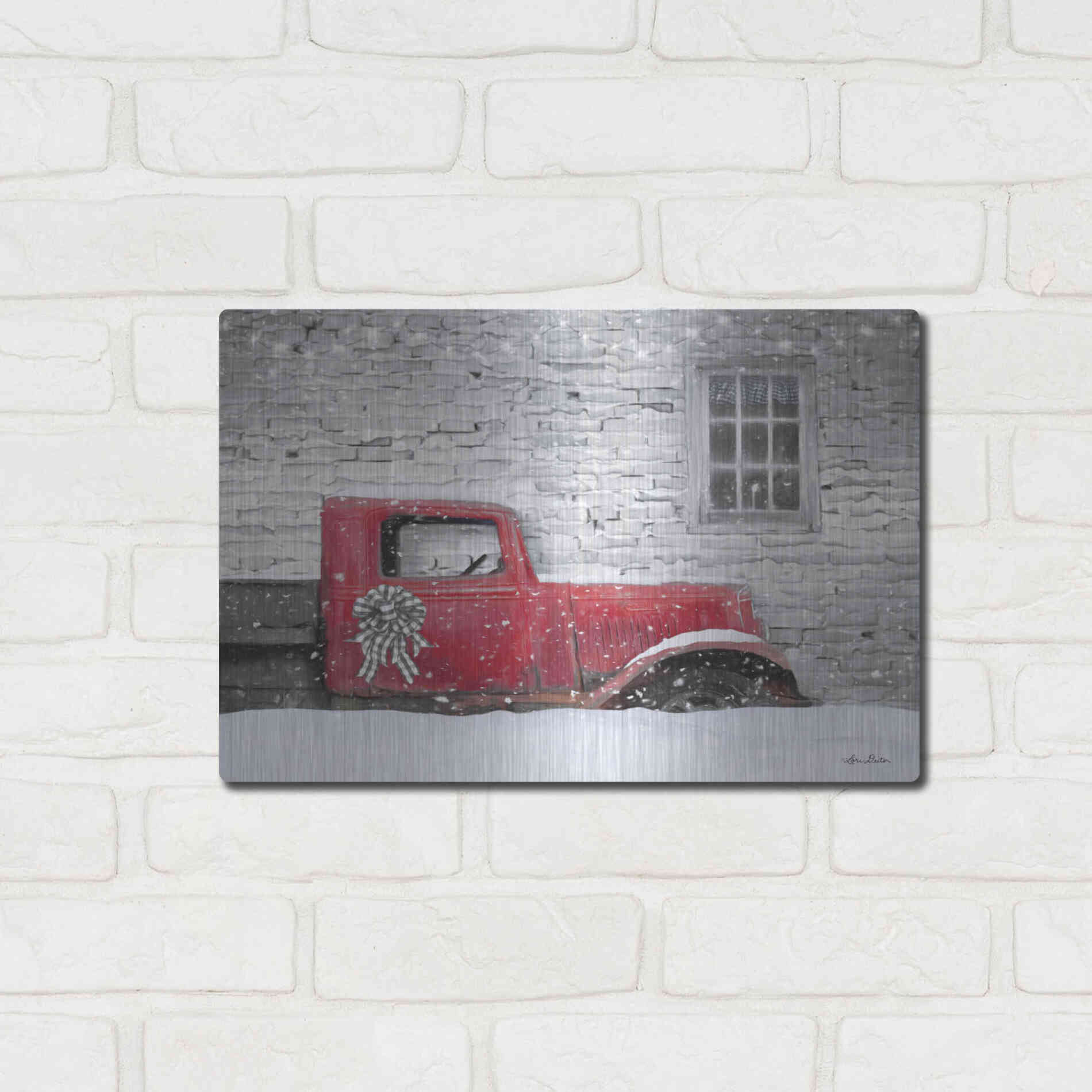 Luxe Metal Art 'Christmas Truck with Plaid Bow' by Lori Deiter, Metal Wall Art,16x12